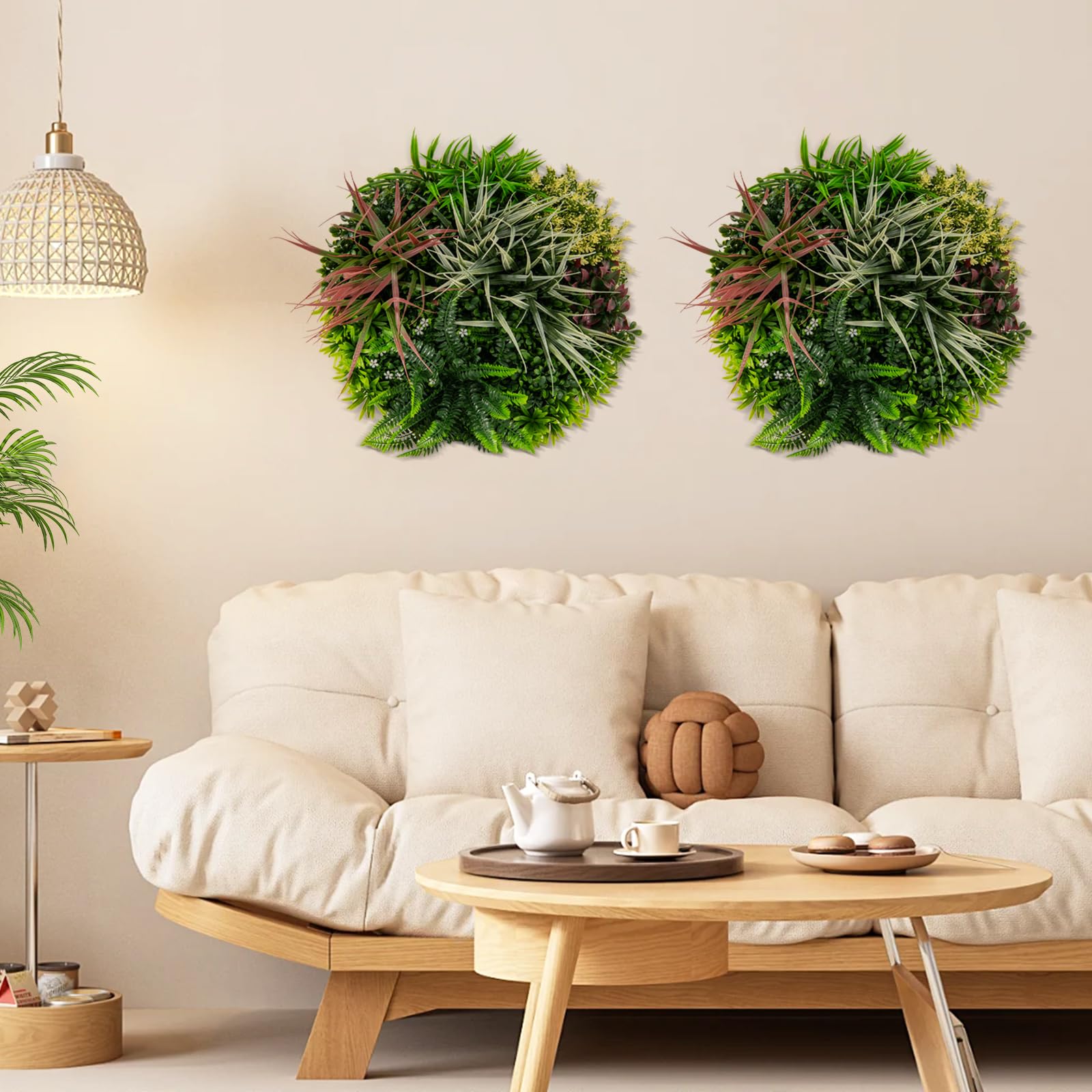 Giantex 2 Pack Hanging Artificial Plants Panels, 20" Round Framed 3D Greenery Wall Art Decor 