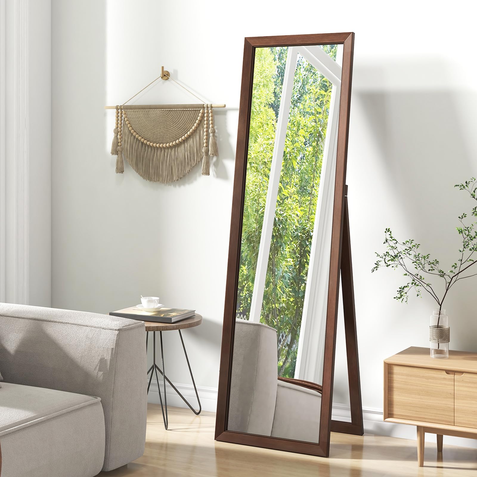 CHARMAID Full Length Mirror with Stand, Full Body Floor Mirror with Solid Wood Frame