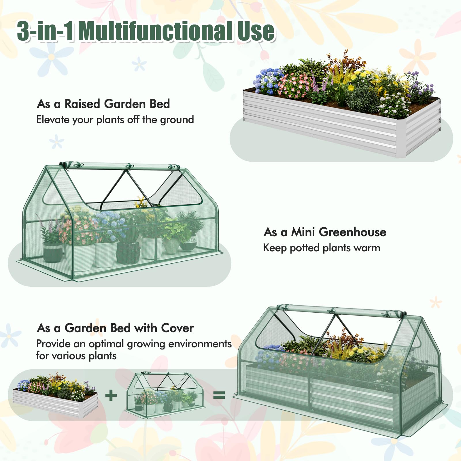 Giantex Galvanized Steel Raised Garden Bed with Mini Greenhouse, Outdoor Metal Planter Box Kit with Large Roll-up Cover 