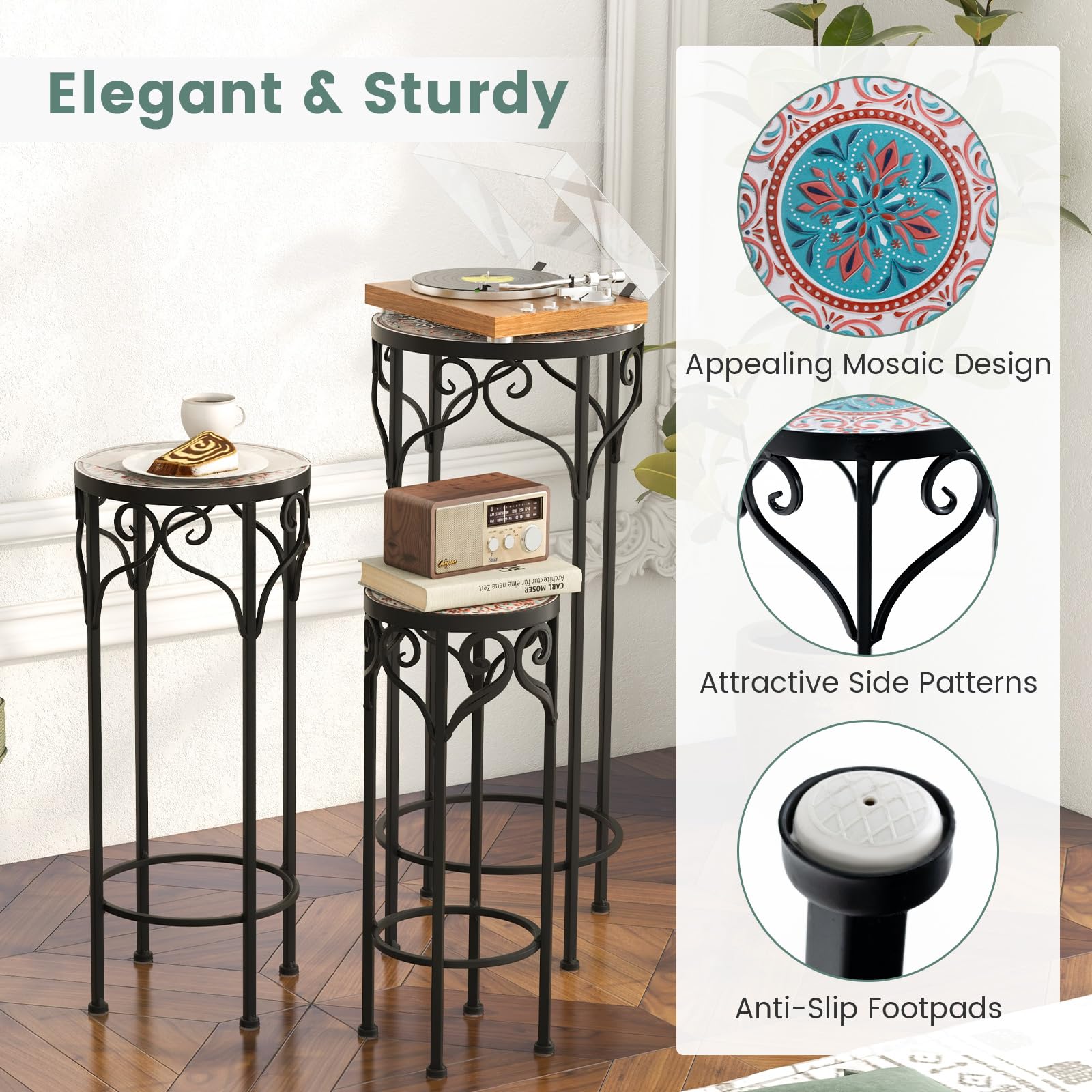 Giantex Metal Plant Stand Set of 3, 28" Mosaic Tall Flower Stand with Ceramic Top 