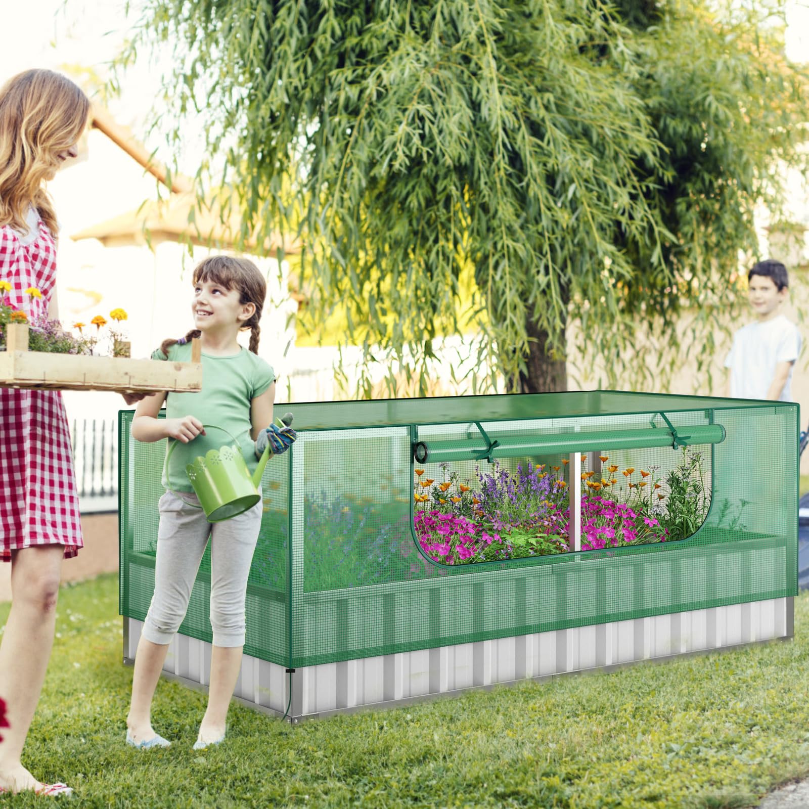 Giantex 69”x36”x28” Raised Garden Bed with Cover, 16.5 Cu.Ft Galvanized Steel Planter Box Kit 