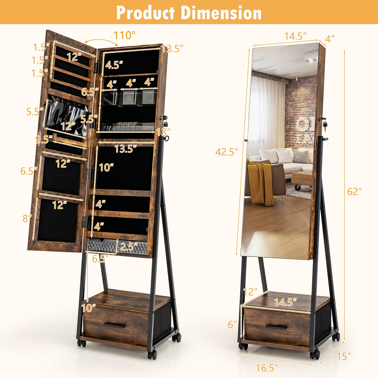 CHARMAID Rolling Jewelry Cabinet with Full Length Mirror, Lockable Standing Jewelry Armoire with Wheels