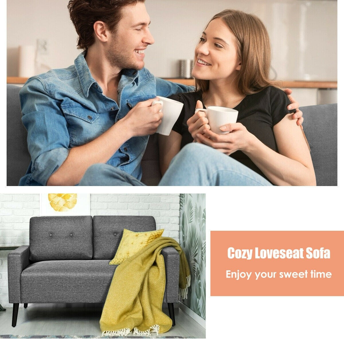 Giantex Modern Loveseat Sofa, 55" Upholstered Sofa Couch w/ Soft Cushion, Rubber Wooden Legs (Gray) 