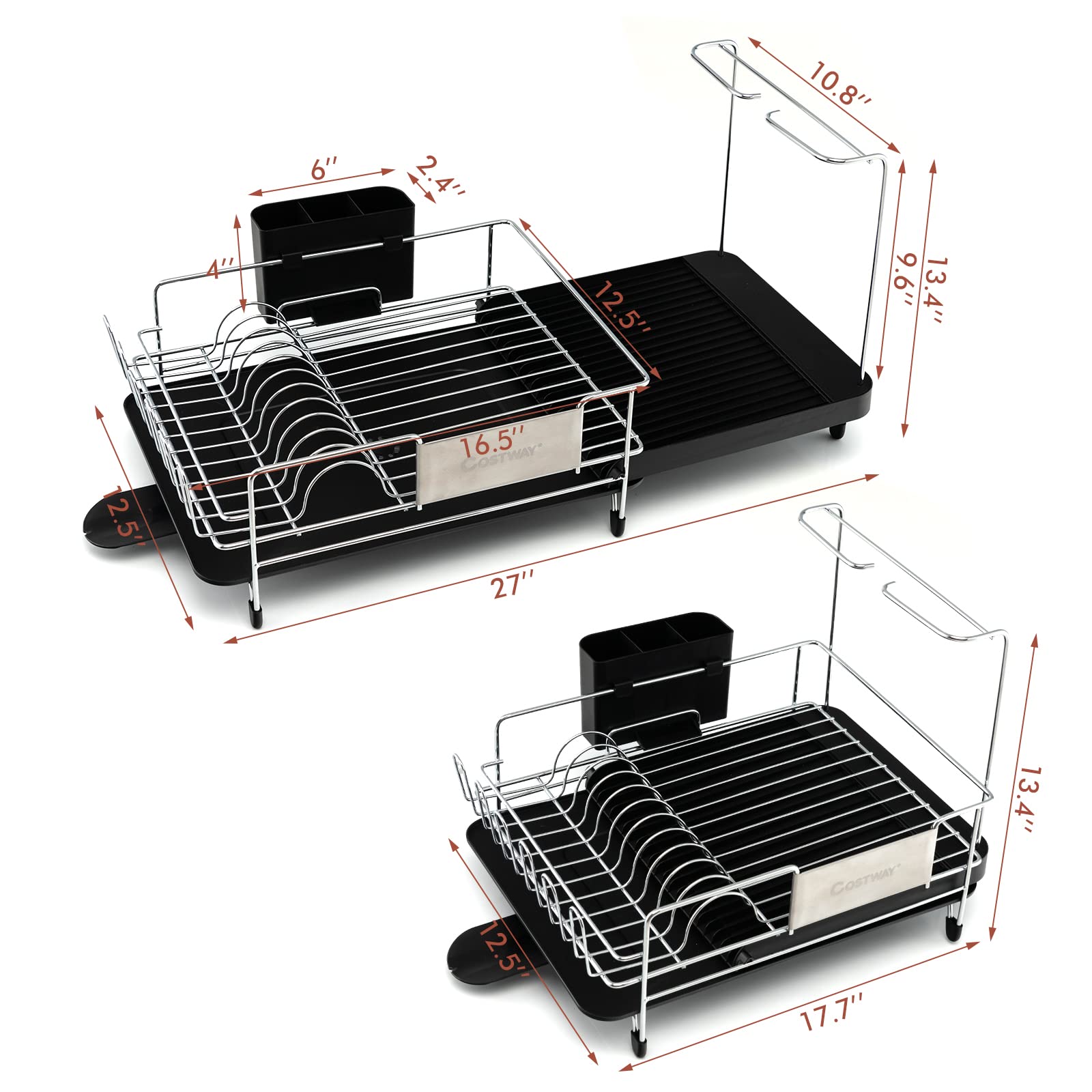 Giantex Stainless Steel Dish Rack, Expandable Dish Drainer Rack with Cutlery Cup Glass Holder 