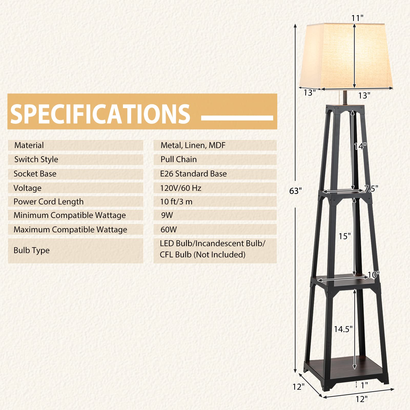 Giantex Shelf Floor Lamp - 3-Tier 63" Tall Modern Corner Standing Lamp with Linen Lampshade