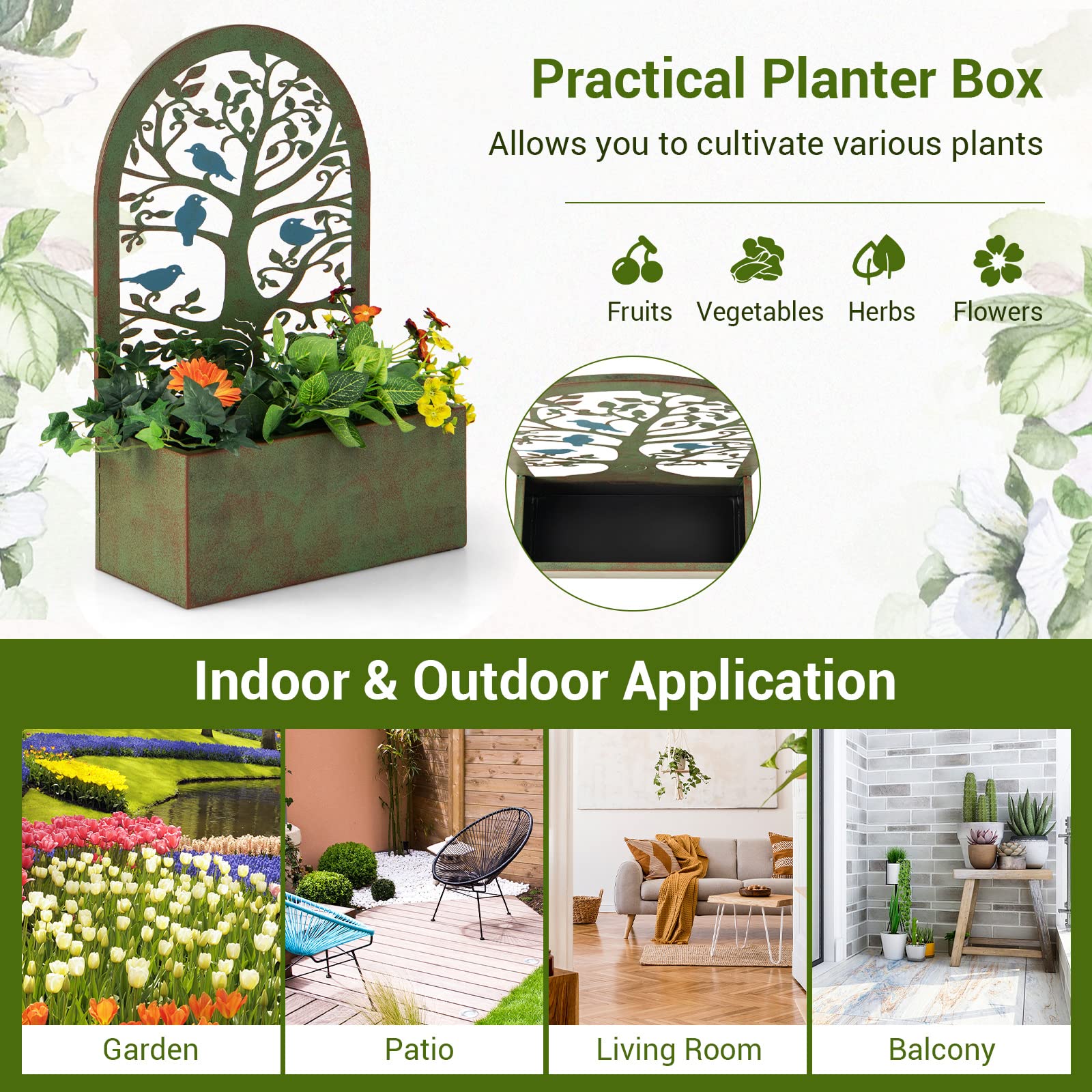 Giantex Raised Garden Bed Set of 2 - Wall-Mounted & Freestanding Decorative Planter Boxes with Trellises 