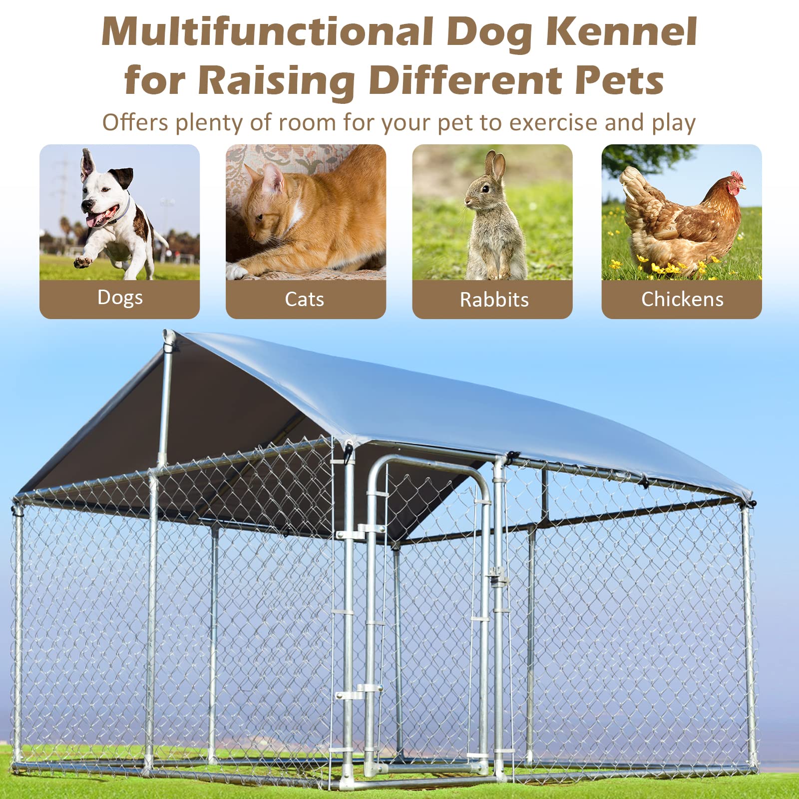 Giantex Outdoor Dog Kennel with Roof, 7.5ft Dog Fence with Door and Waterproof Cover 
