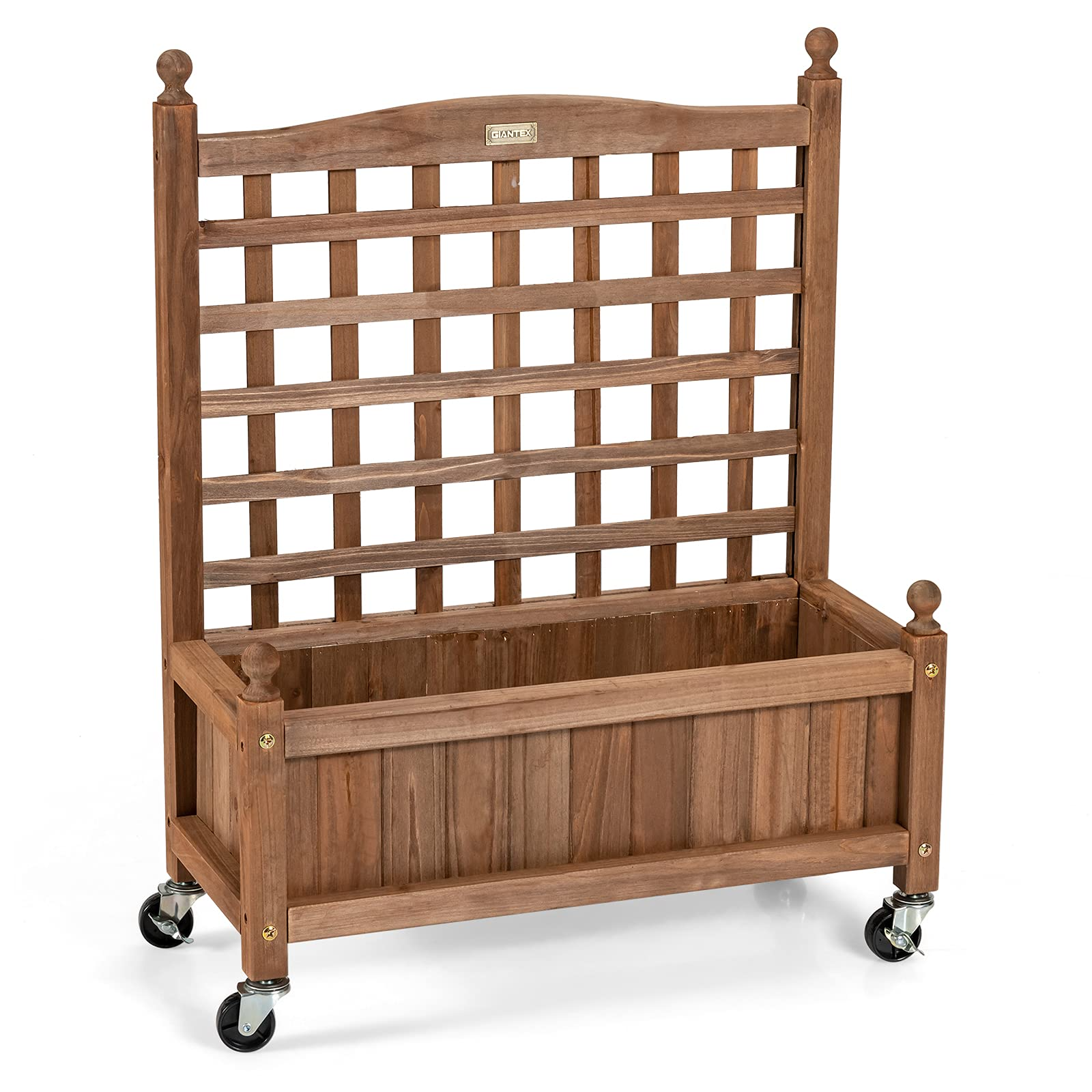 Wood Planter with Lattice Trellis and Wheels, 25'' x 11'' x 32.5'' (L x W x H) 