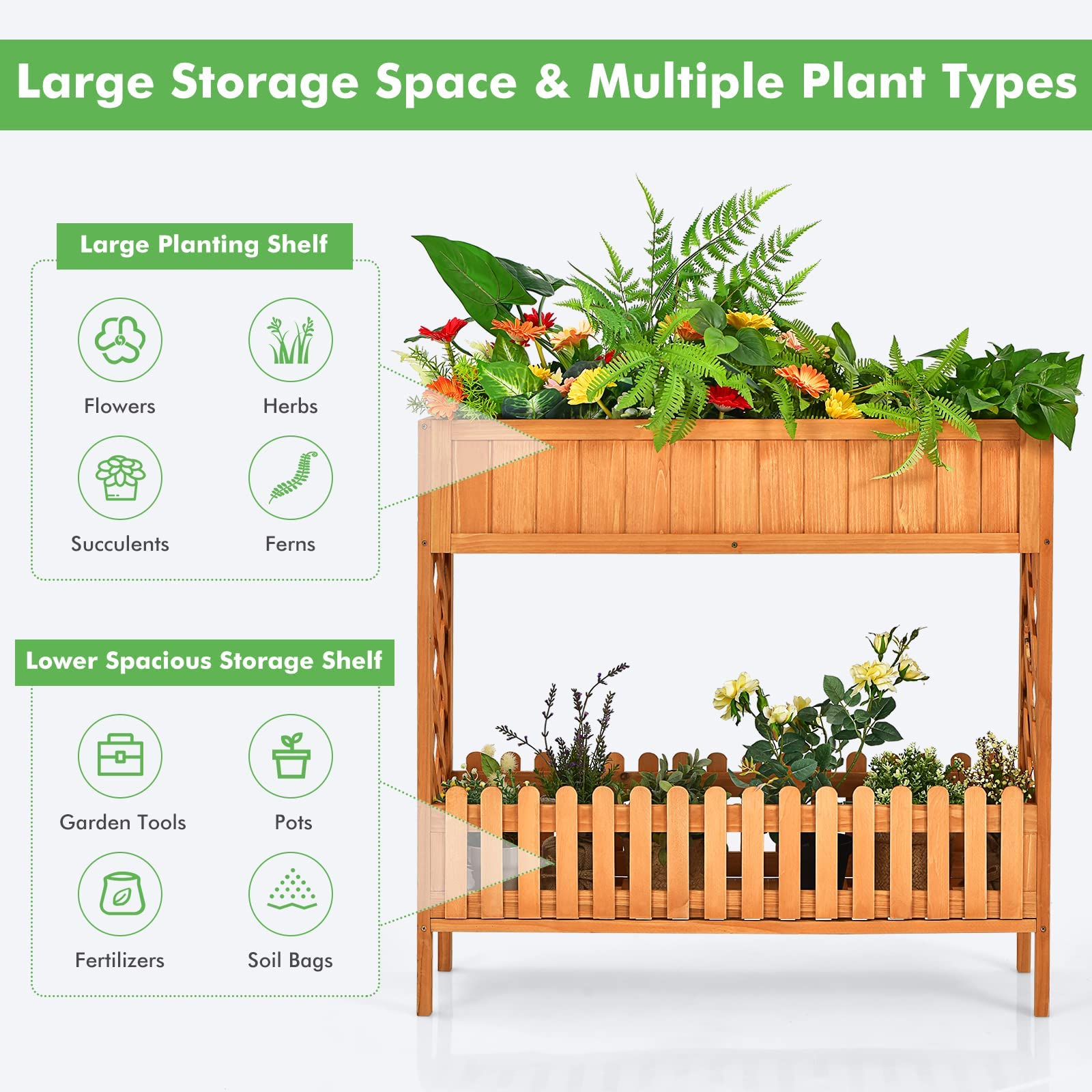2-Tier Wood Potted Plant Rack with Fence 