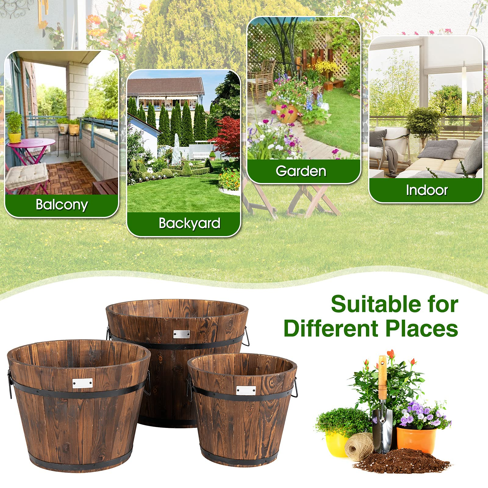 3 Pieces Wood Bucket Raised Beds for Plants Herbs Veggies 
