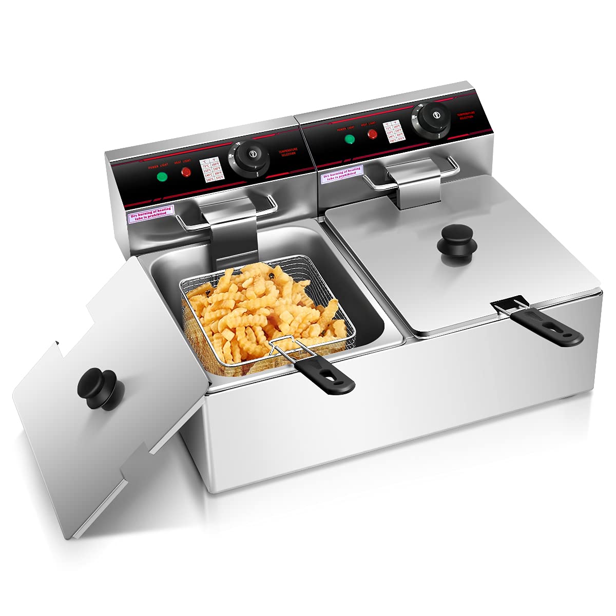 Giantex 3400W Commercial Deep Fryer Dual Tank, 12.8QT Stainless Steel Electric Deep Fryer with 2 Baskets 