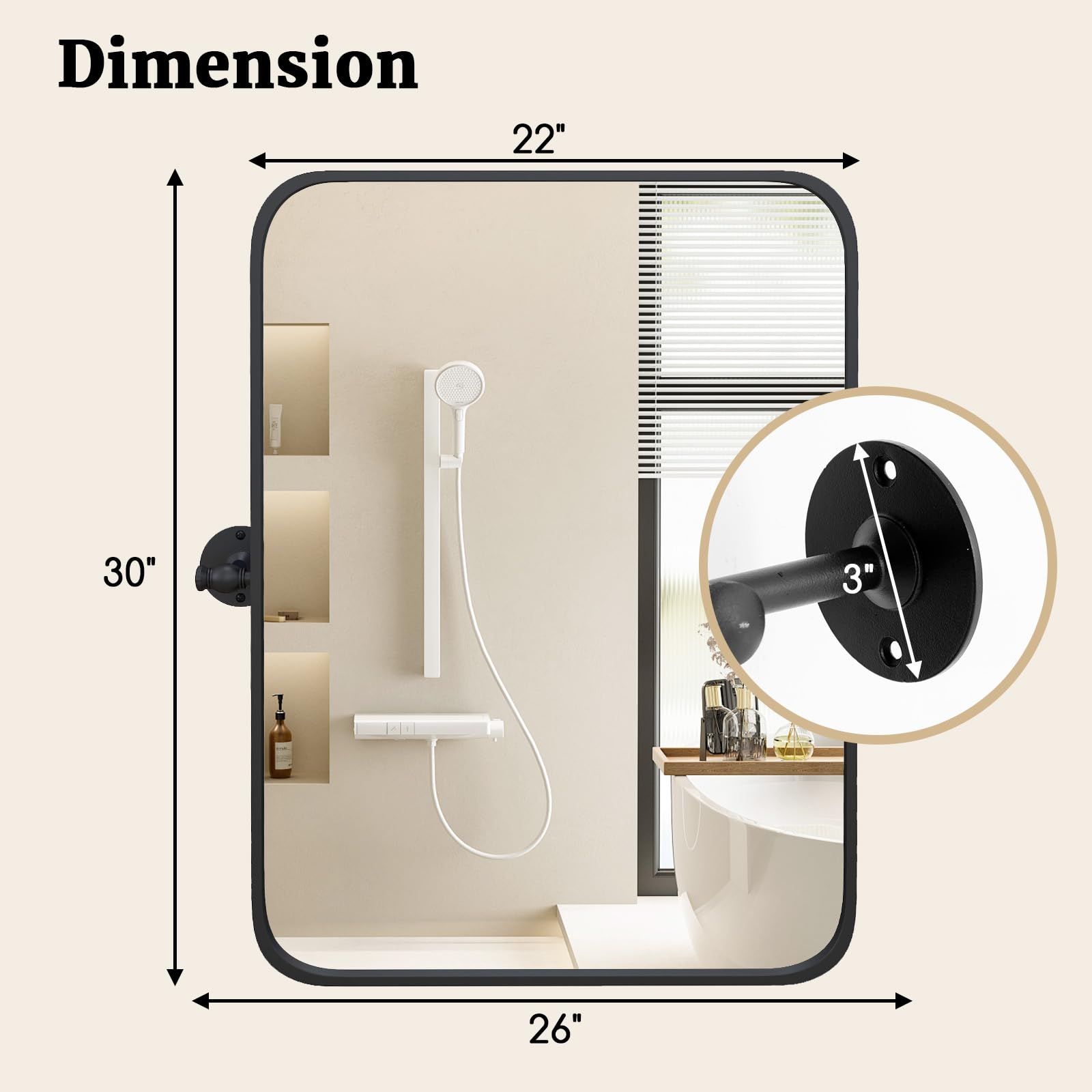 CHARMAID Pivot Mirror for Bathroom - 30'' x 22'' Tilt Beveled Vanity Mirror Black Metal Framed