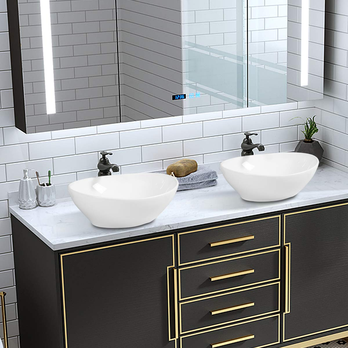 Giantex Vessel Sink 16x13 Inch Basin Porcelain W/Pop Up Drain Oval Bathroom Ceramic Sink Bowl 