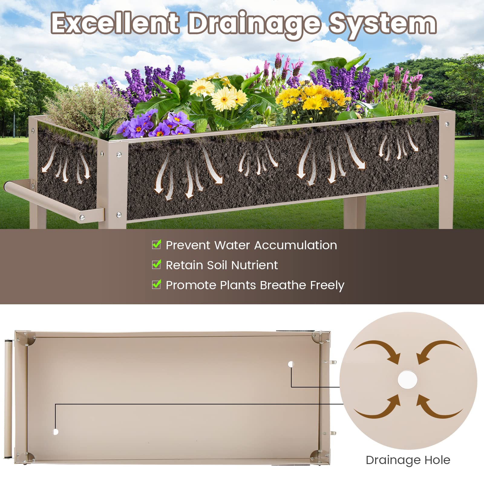 Giantex Raised Garden Bed with Legs, Metal Planter Box with Wheels, Storage Shelf (Light Brown) 