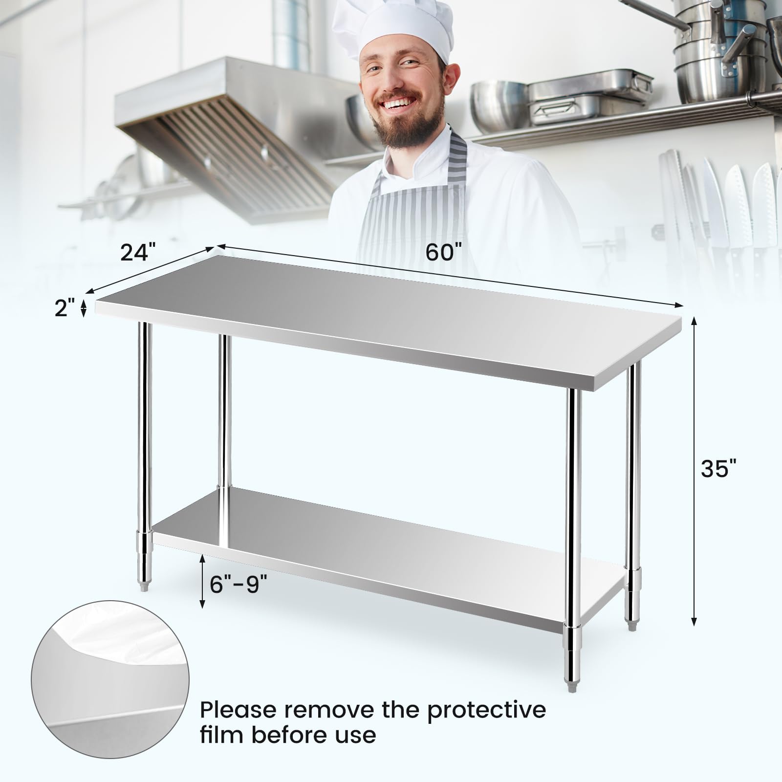 Giantex Stainless Steel Table, 24 x60 Inches Commercial Work Table with Adjustable Undershelf and Foot Pads 