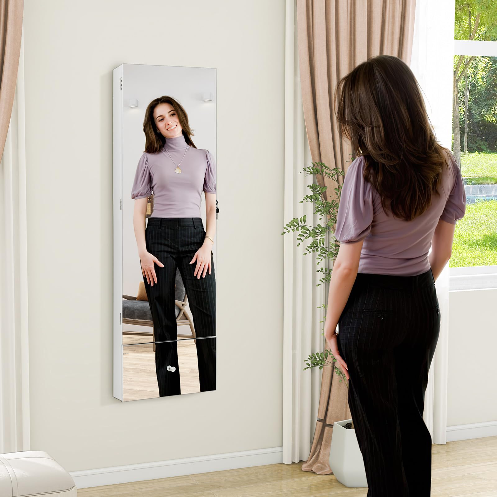 CHARMAID Jewelry Cabinet Wall Mounted, 47.2" Full Length Mirror, Lockable Jewelry Armoire with Tip out Storage Drawer 