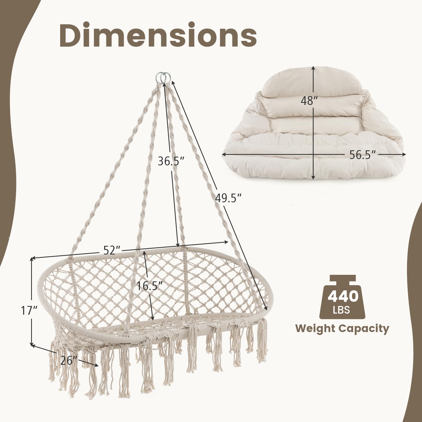 Giantex Hammock Chair, Macrame Hanging Chair with Removable Cushion, Max 440 lbs, Swinging Chair, Beige 