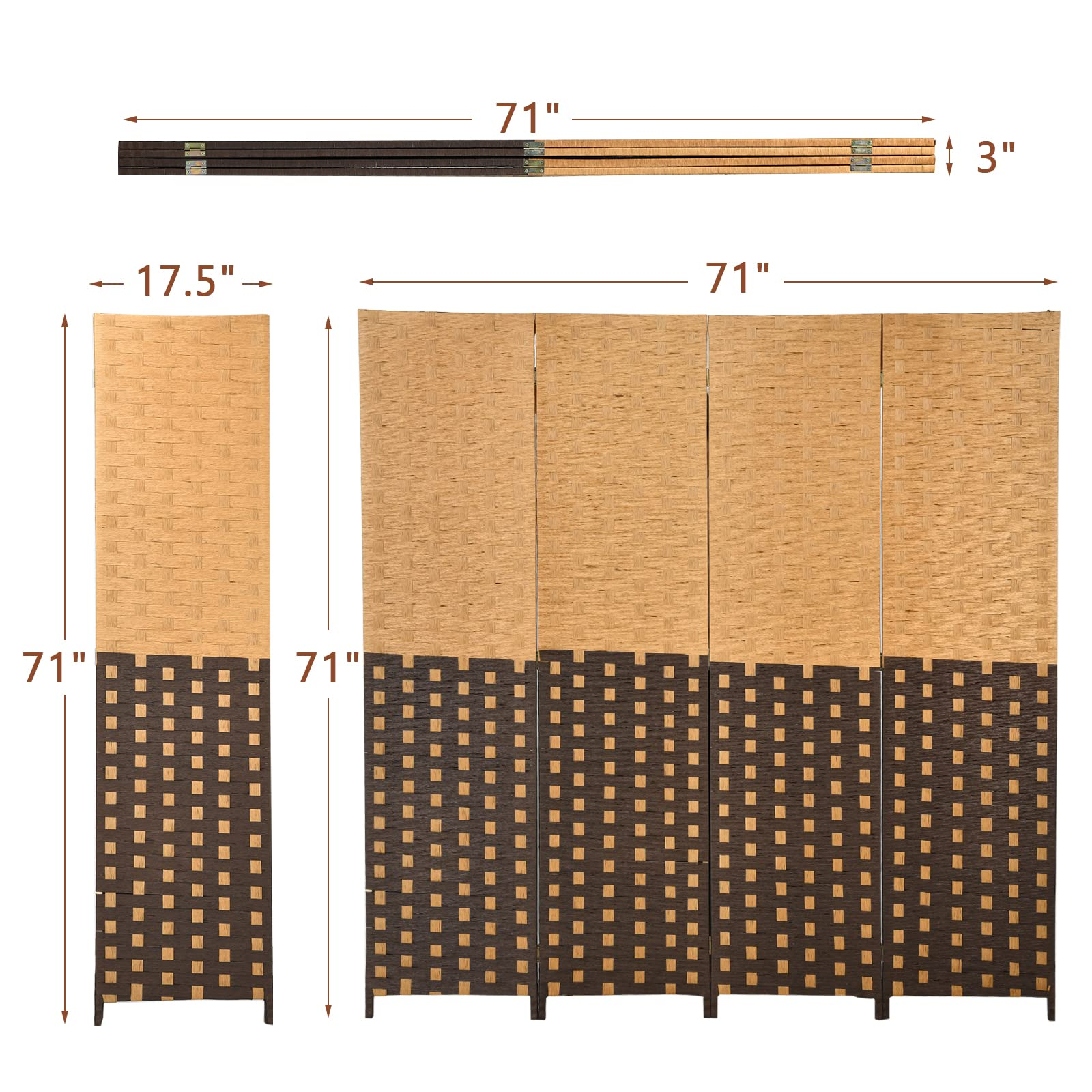 Giantex 4 Panel Room Divider, 6 Ft Tall Handmade Rattan Room Dividers, Portable Wood Room Separators Divider