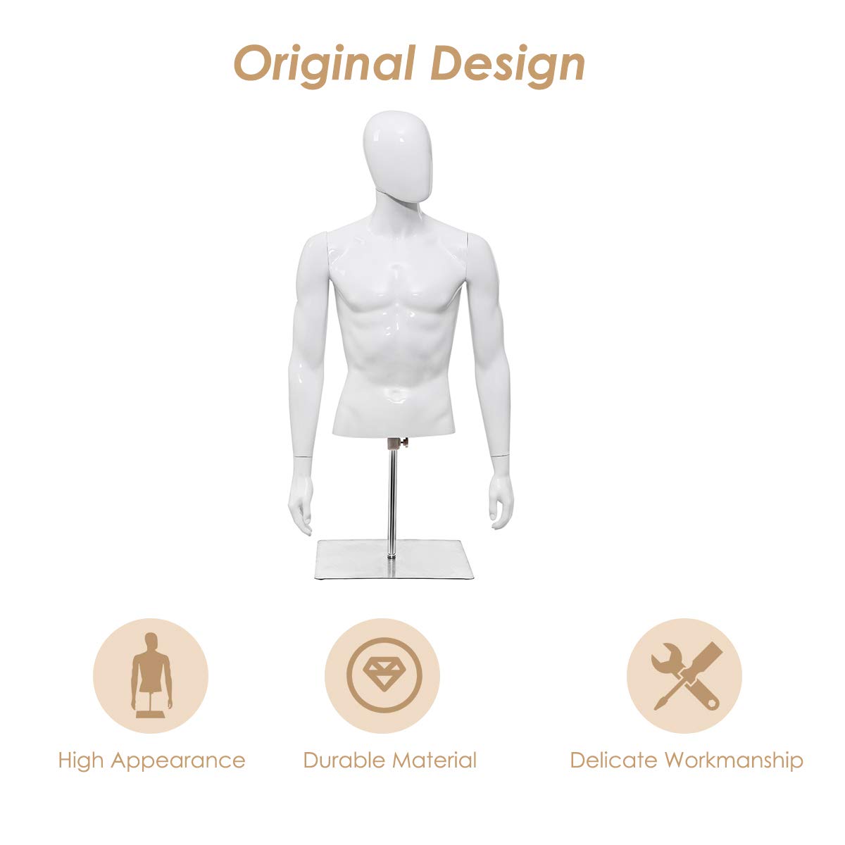Giantex Male Mannequin Torso Adjustable Height Detachable Arms Dress Form Display w/Metal Stand, Bright White 
