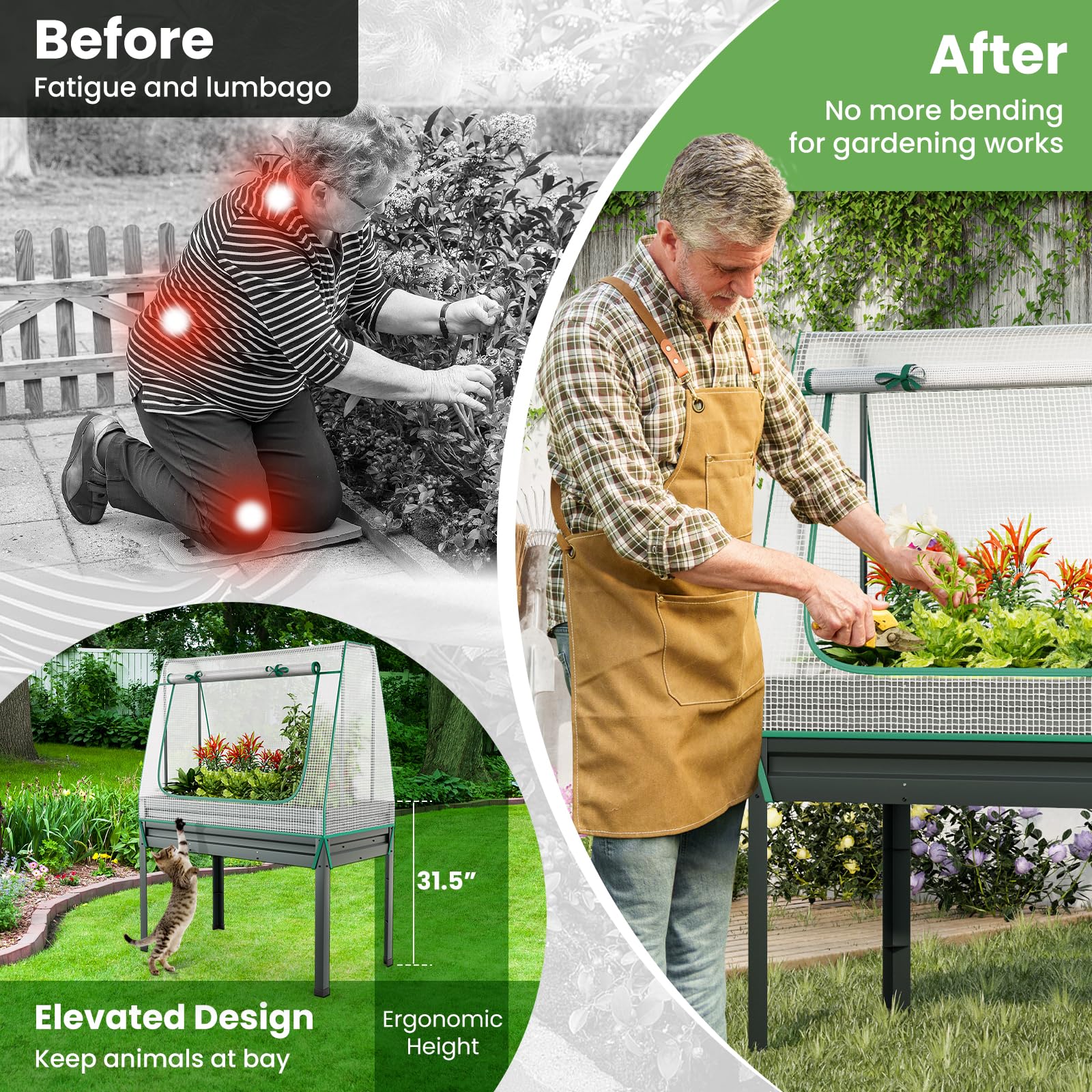 Giantex 3-in-1 Raised Garden Bed with Greenhouse Cover & Trellis Rope, 46”x23.5”x59” Raised Bed for Flower Herb Vegetable 