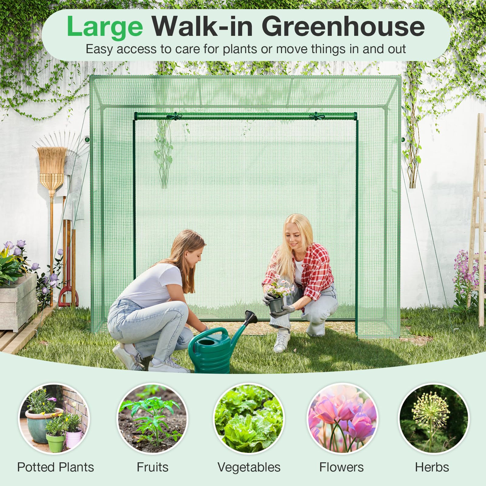 Giantex Walk-in Greenhouse, 4 Ground Stakes & Ropes, Outdoor Portable Mini Greenhouse w/ PE Cover 