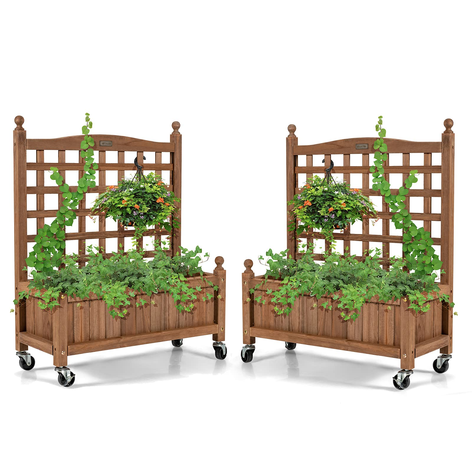 Wood Planter with Lattice Trellis and Wheels, 25'' x 11'' x 32.5'' (L x W x H) 