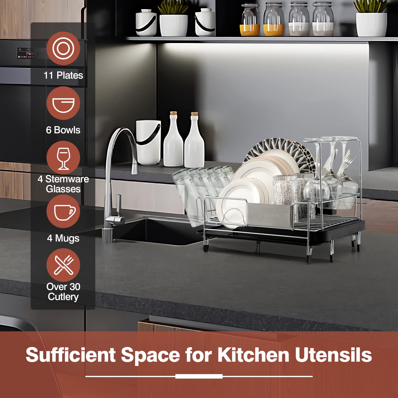 Giantex Stainless Steel Dish Rack, Expandable Dish Drainer Rack with Cutlery Cup Glass Holder 