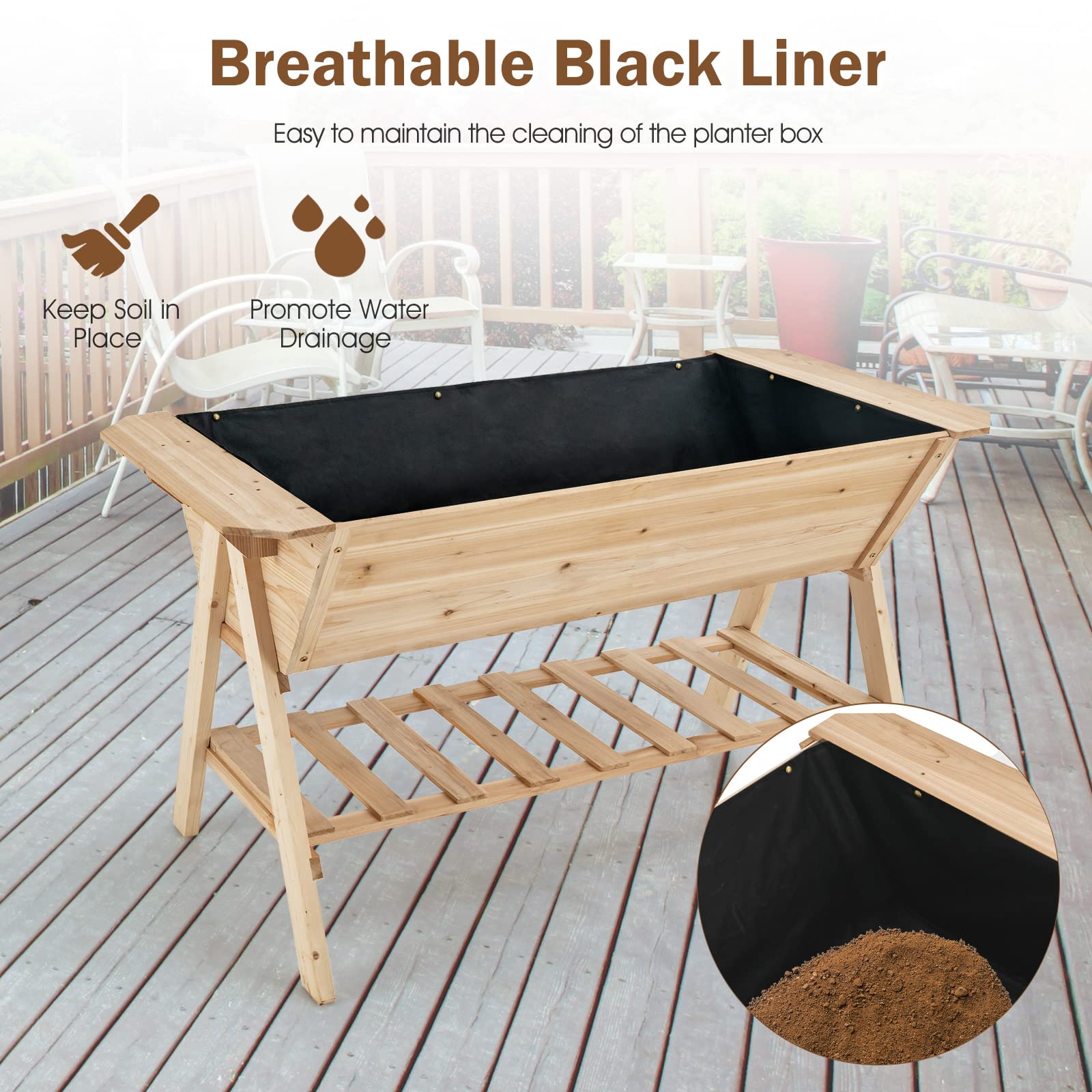 Giantex Plant Raised Bed 2 Tiers Garden Bed, Outdoor Fir Wood Plant Container with Storage Shelf 