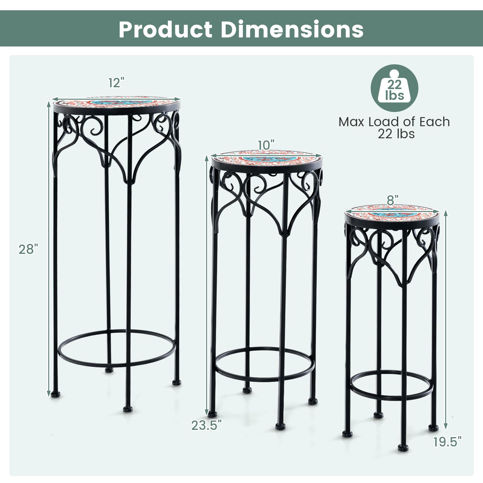 Giantex Metal Plant Stand Set of 3, 28" Mosaic Tall Flower Stand with Ceramic Top 