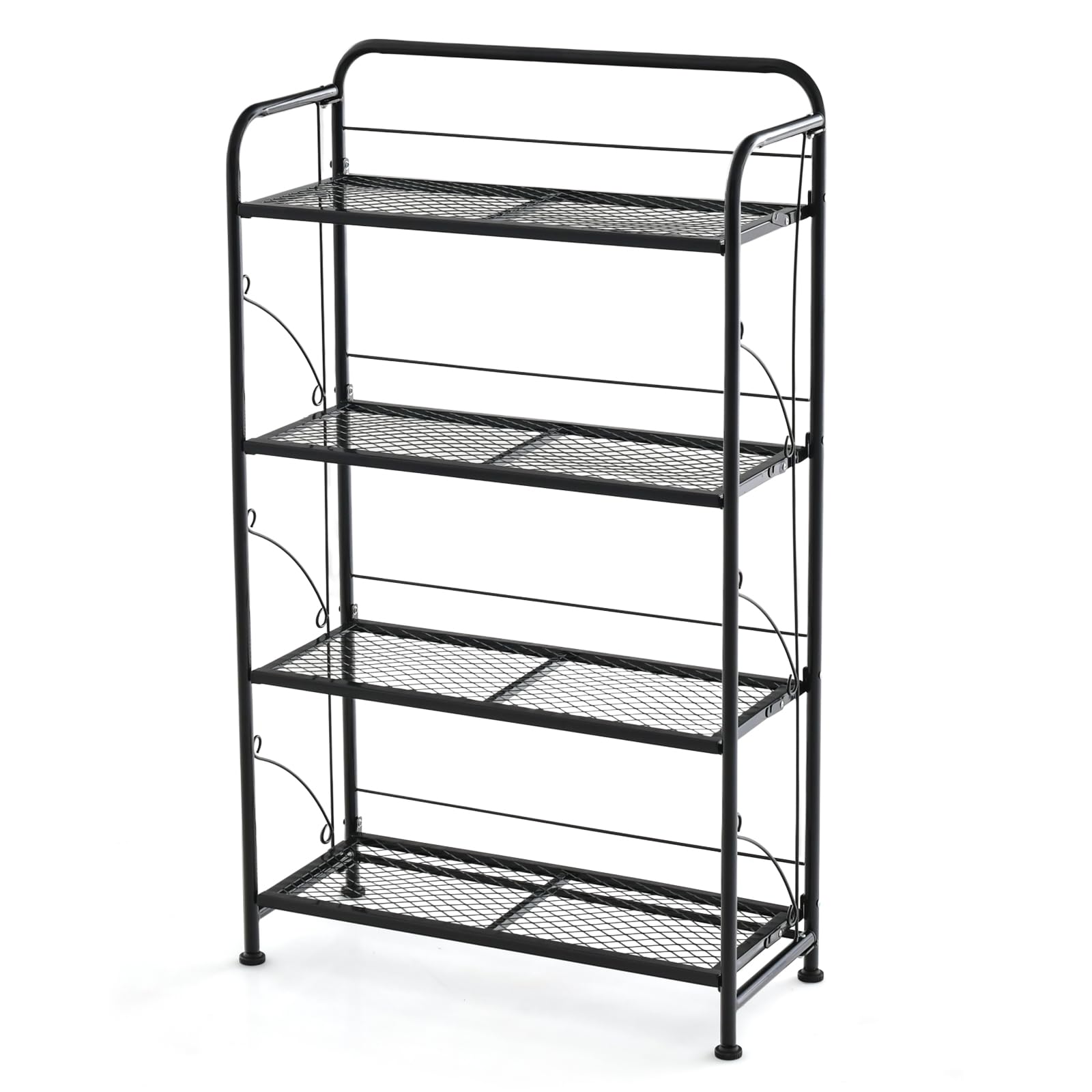 Giantex Folding Plant Stand, 4-Tires Collapsible Plant Rack with Adjustable Shelf, Black 