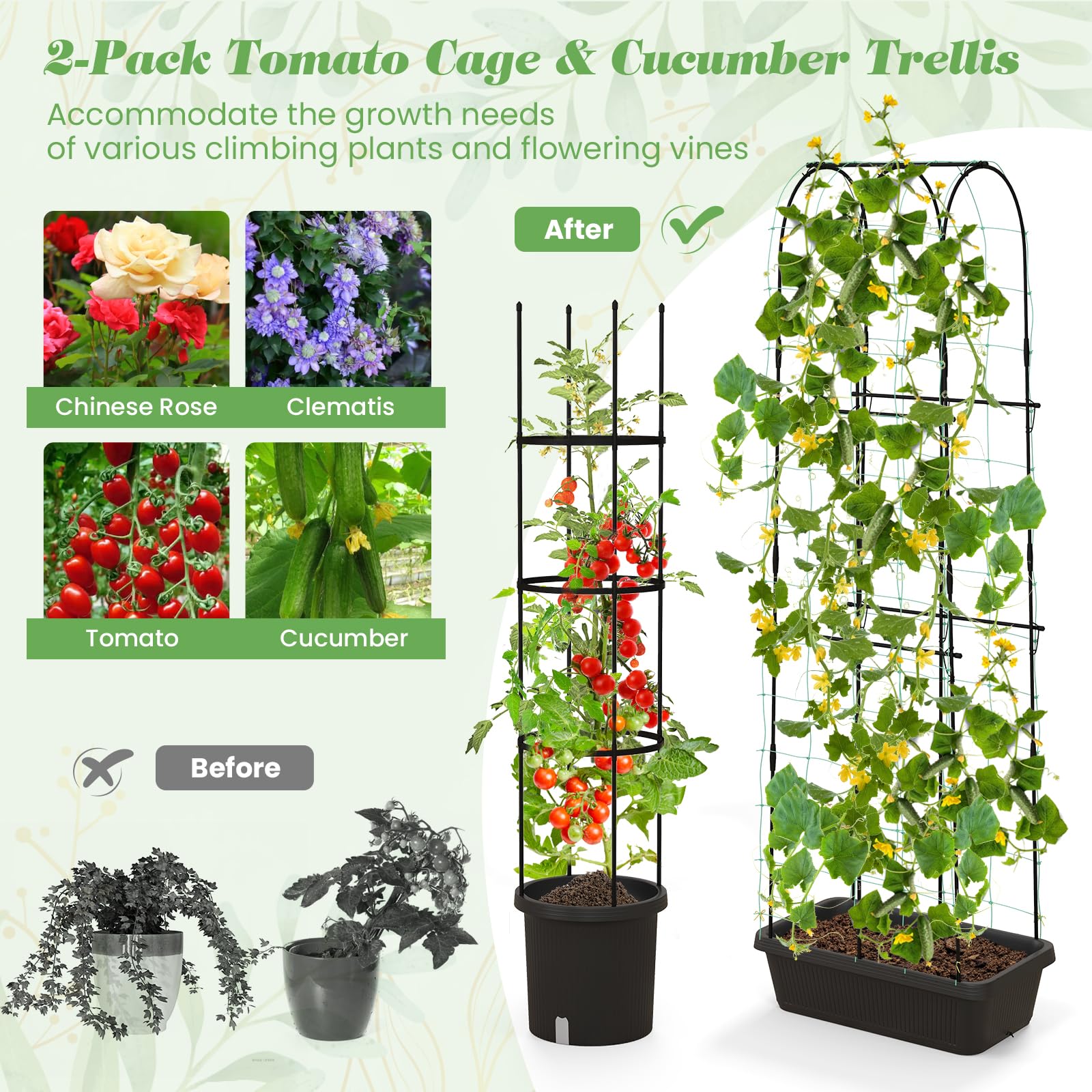 Giantex Set of 2 Raised Garden Bed w/Trellis & Plant Cage, Planter Box w/ 71” Cucumber Trellis 