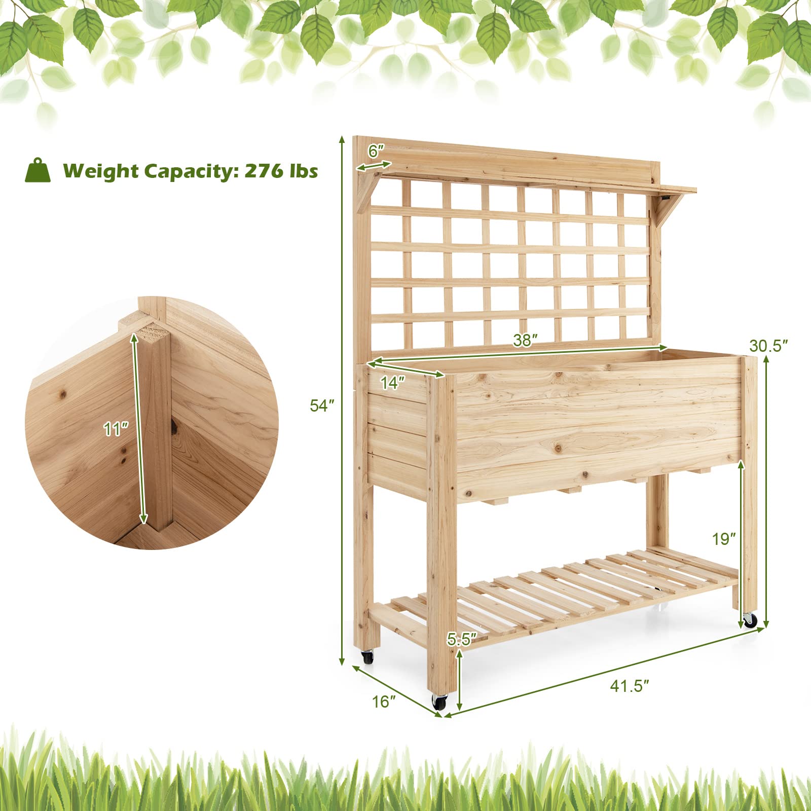 Giantex Raised Garden Bed on Wheels, Wood Planter with Trellis, Black Liner Storage Shelf 