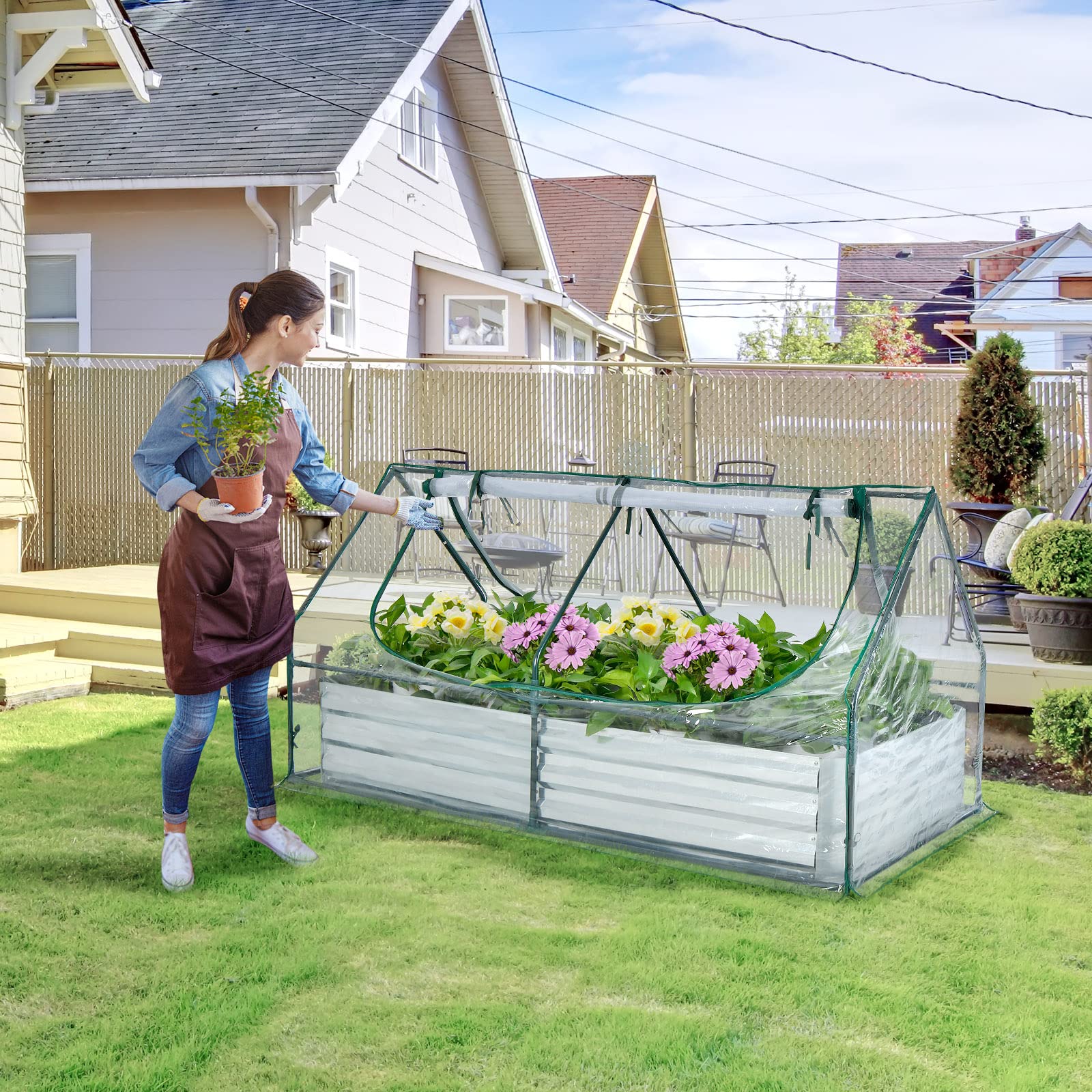 Giantex Galvanized Steel Raised Garden Bed with Mini Greenhouse, Outdoor Metal Planter Box Kit with Large Roll-up PVC Cover 