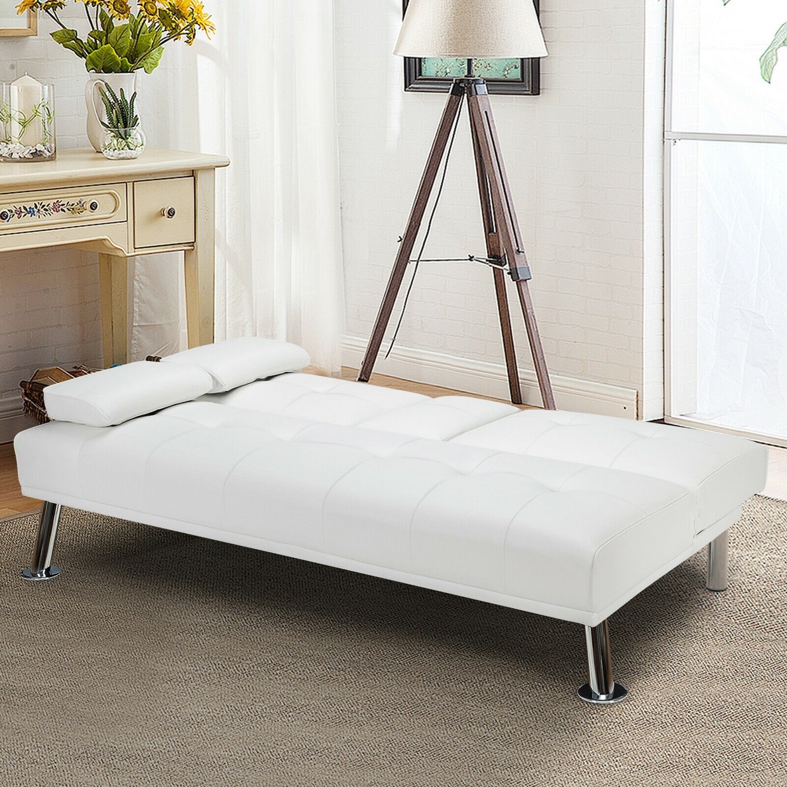 Giantex Modern Convertible Futon Sofa Bed,2 Cup Holders, Backrest Adjustable 
