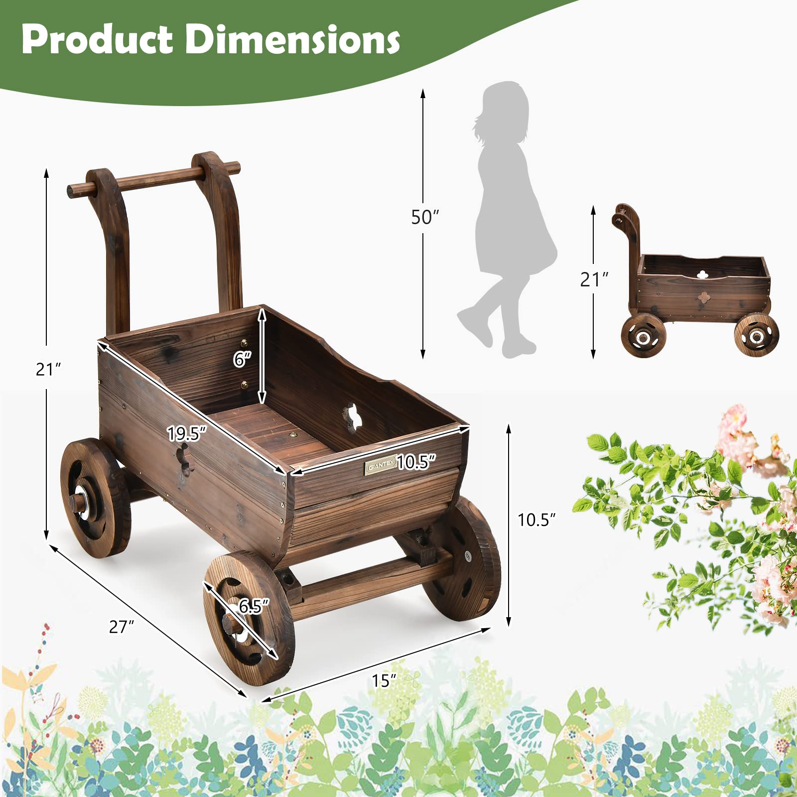 Giantex Wooden Wagon Planter Raised Bed on Wheels, Handle, Drainage Hole 
