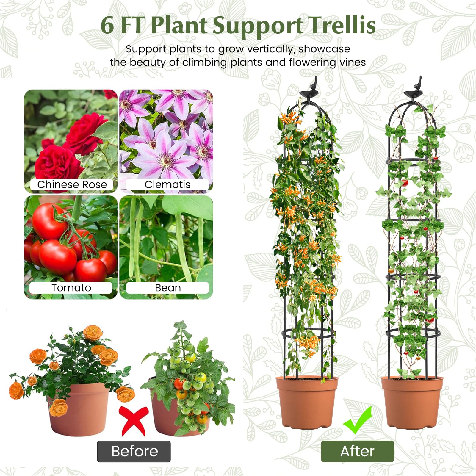 Giantex 2-Pack Tomato Cages, 69” PE-Coated Metal Garden Obelisk Trellis for Climbing Plants 