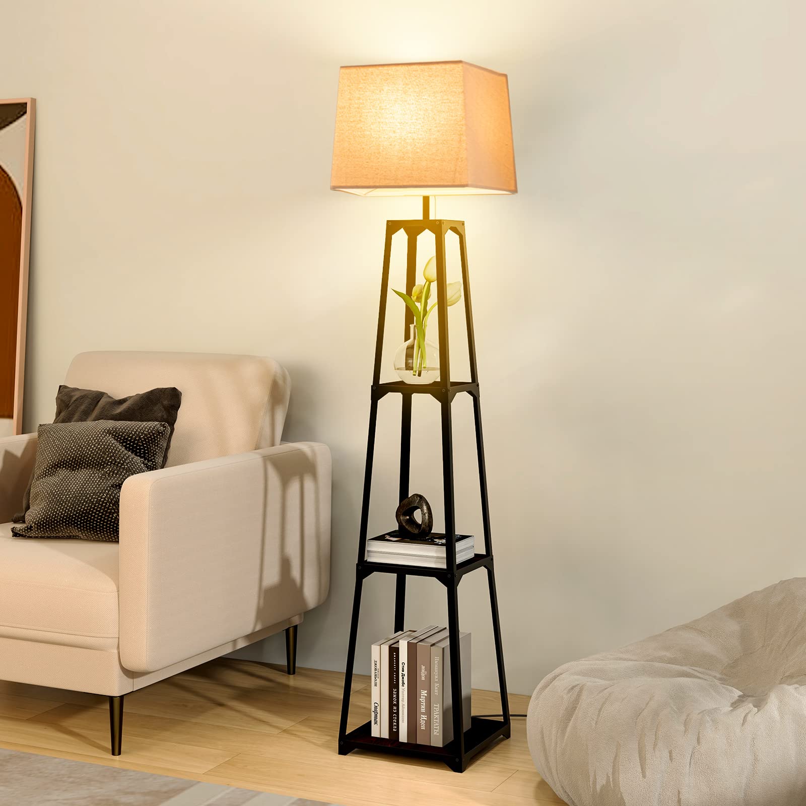 Giantex Shelf Floor Lamp - 3-Tier 63" Tall Modern Corner Standing Lamp with Linen Lampshade 