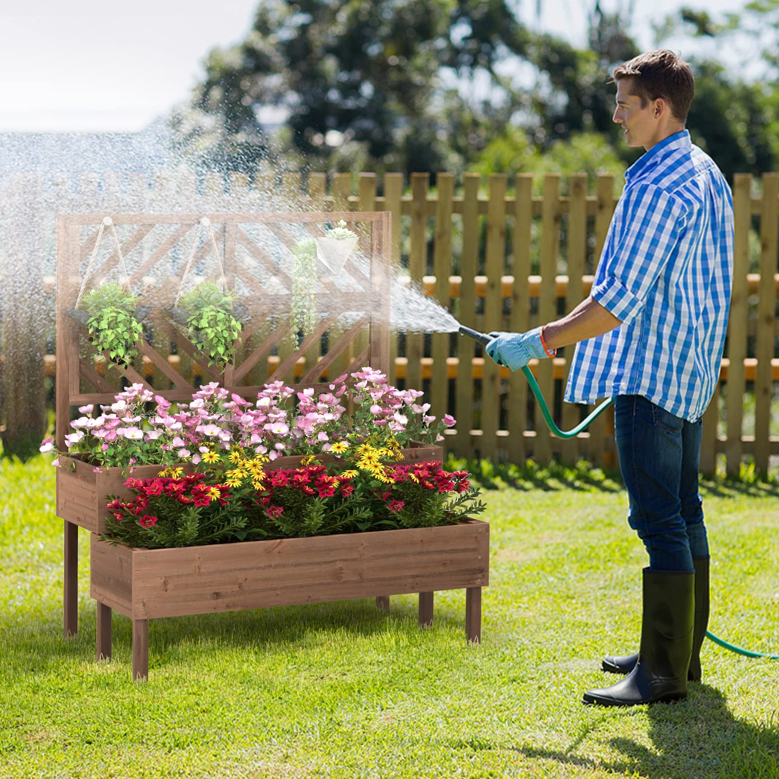Giantex Raised Garden Bed with Trellis, 2-Tier Wooden Planter Box with Legs and Drain Holes (Brown) 