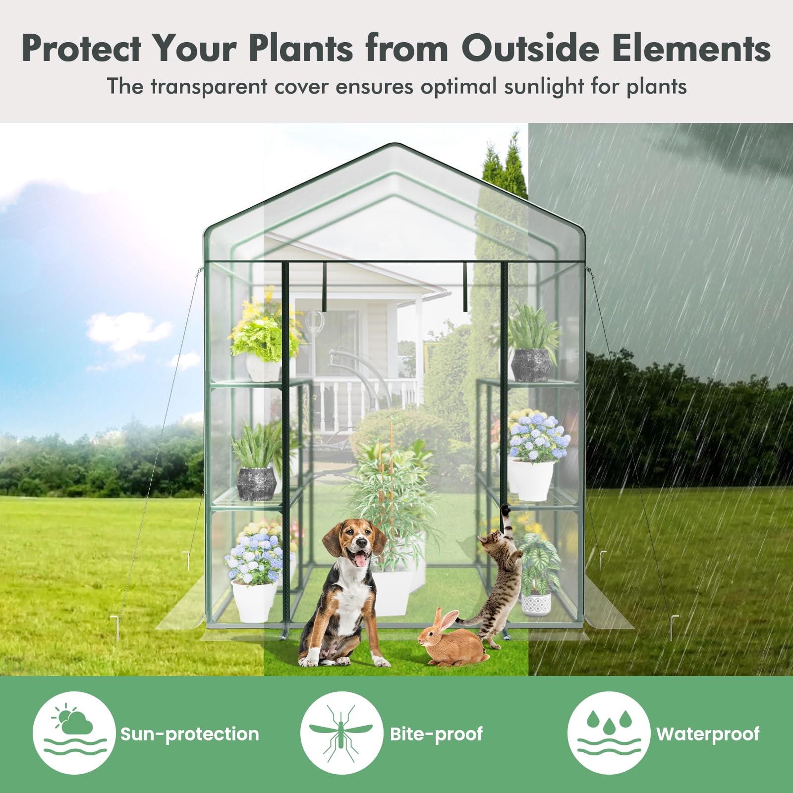 Giantex Walk-in Greenhouse w/ 3 Tiers 4 Shelves, 4 Ground Stakes & Ropes, PVC Cover 