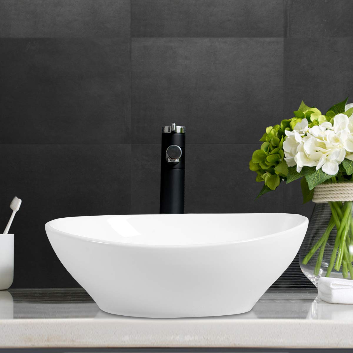 Giantex Vessel Sink 16x13 Inch Basin Porcelain W/Pop Up Drain Oval Bathroom Ceramic Sink Bowl 