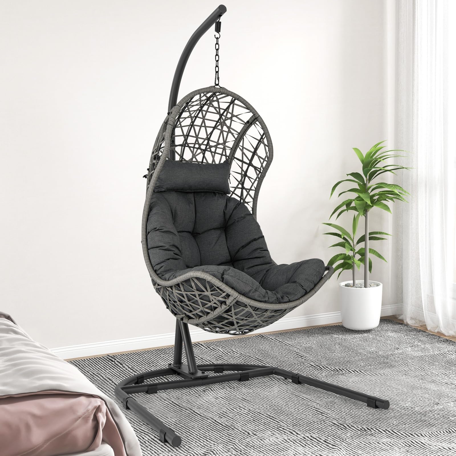 Giantex Swing Egg Chair Outdoor - PE Rattan Hammock Chair with Soft Pillow, Cushion, Metal Frame, Hanging Accessories 