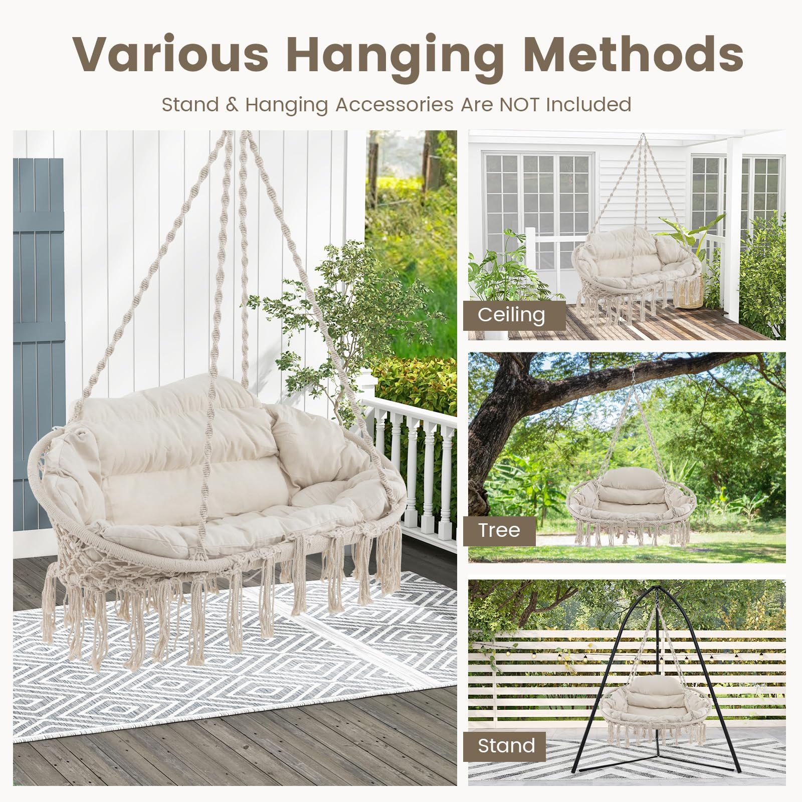 Giantex Hammock Chair, Macrame Hanging Chair with Removable Cushion, Max 440 lbs, Swinging Chair, Beige 