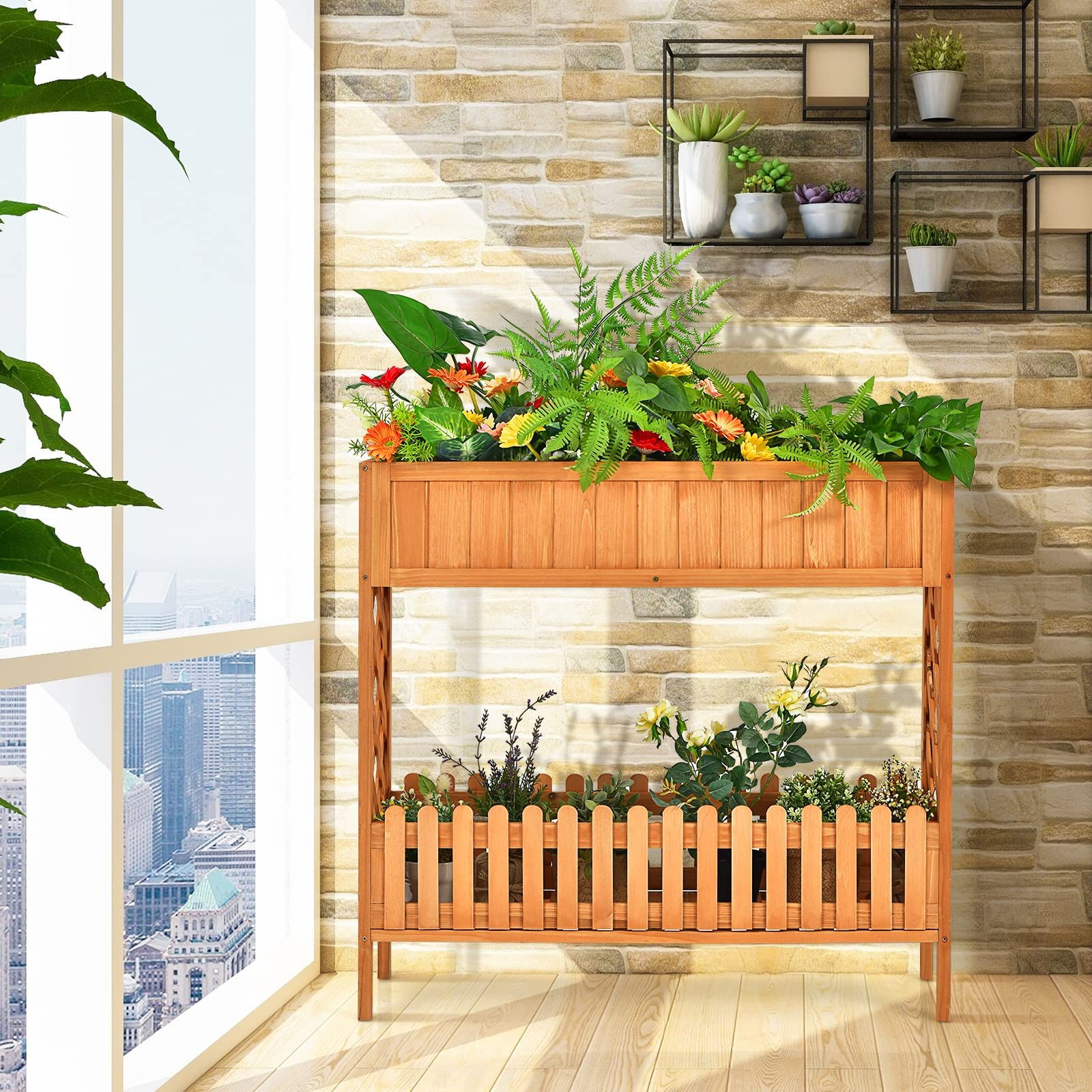 2-Tier Wood Potted Plant Rack with Fence 