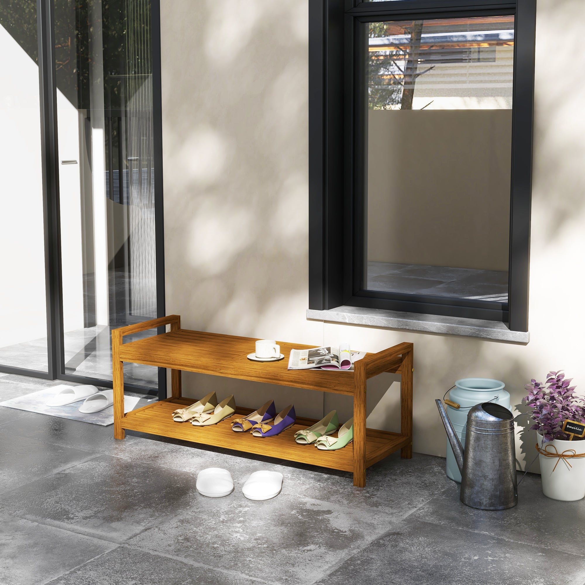 Outsunny Garden Stool with Storage Shelf Slatted Seat Indoor Outdoor Conservatory Poolside Deck Furniture Teak 