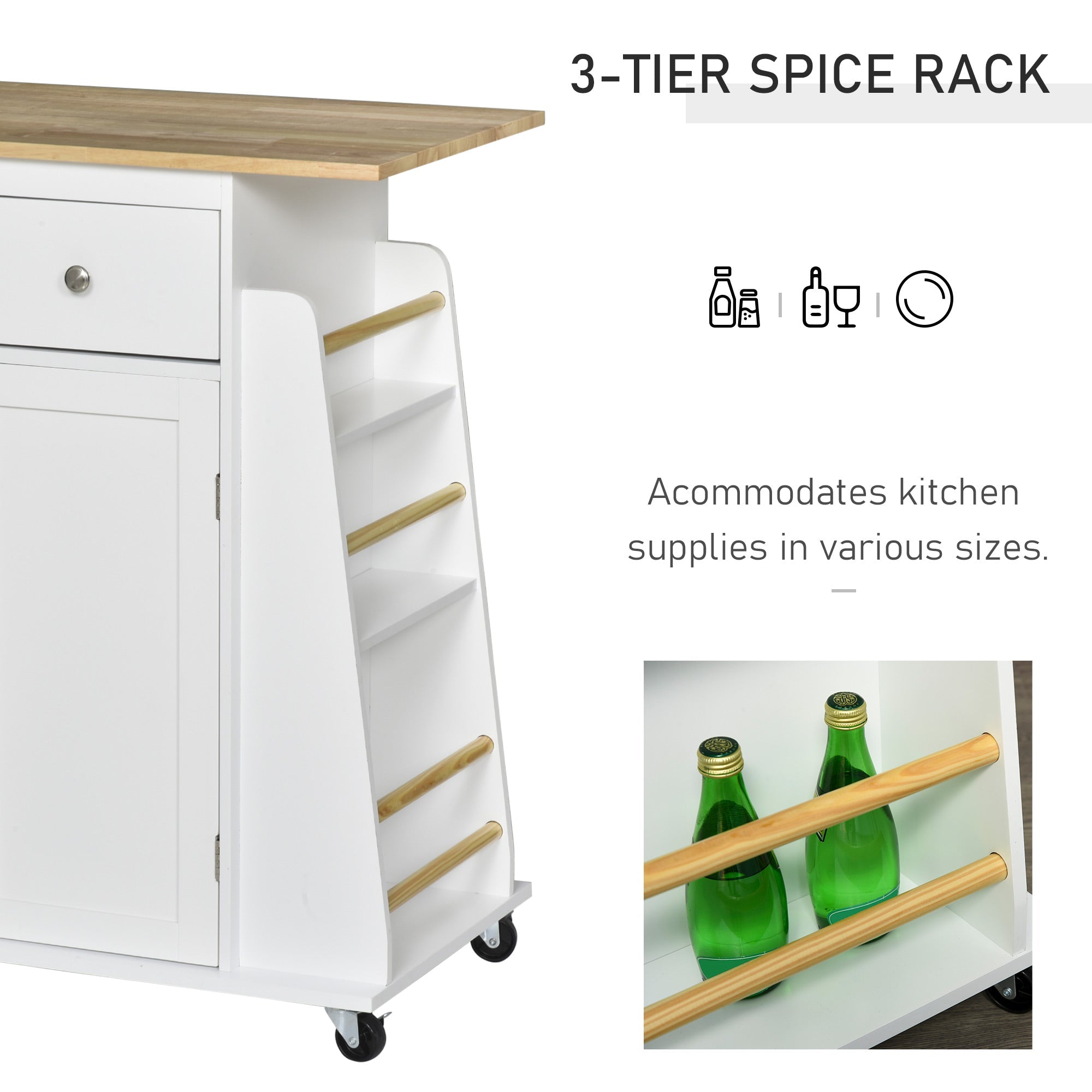 HOMCOM Culinary Companion: Kitchen Island Trolley Cart with Rubber Wood Top, Spice Rack, Towel Holder, 3-Tier Storage, Black Finish 
