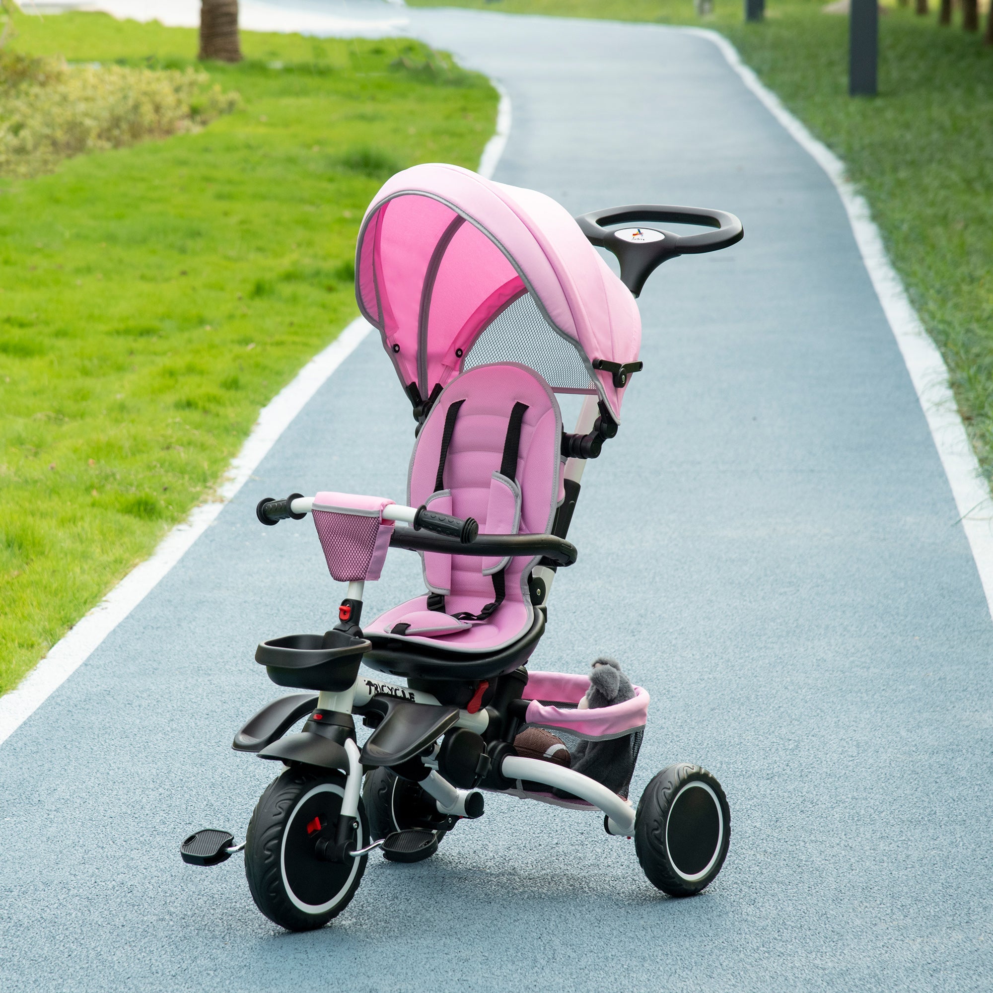 Aosom 7-in-1 Toddler Tricycle: Kids Trike with Rotatable Seat, Push Handle, Safety Harness, Canopy, Footrest 