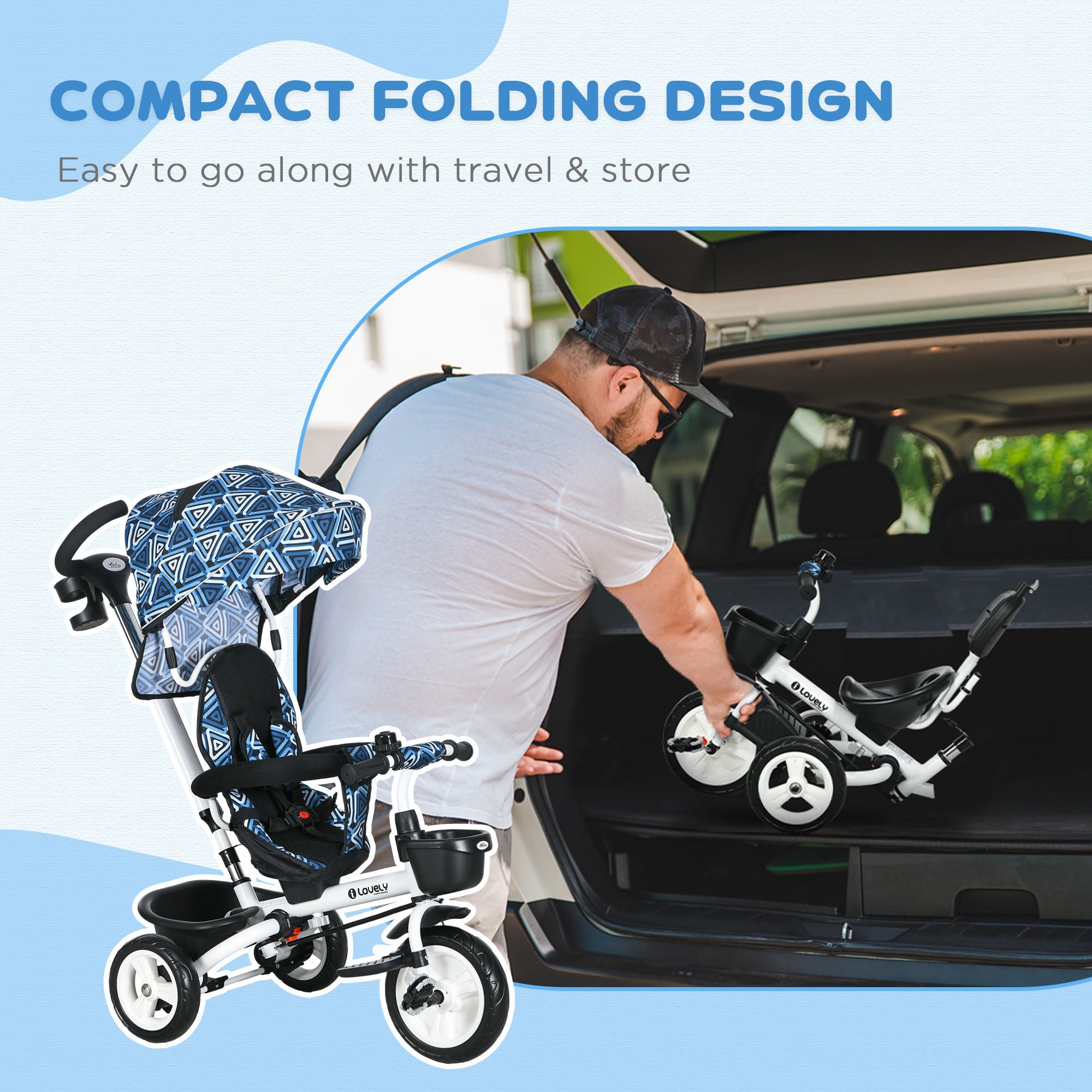 Qaba 6-in-1 Toddler Tricycle - Enhanced with Parent Handle, Canopy, Storage, Cupholder, Light Blue, for Ages 1-5 