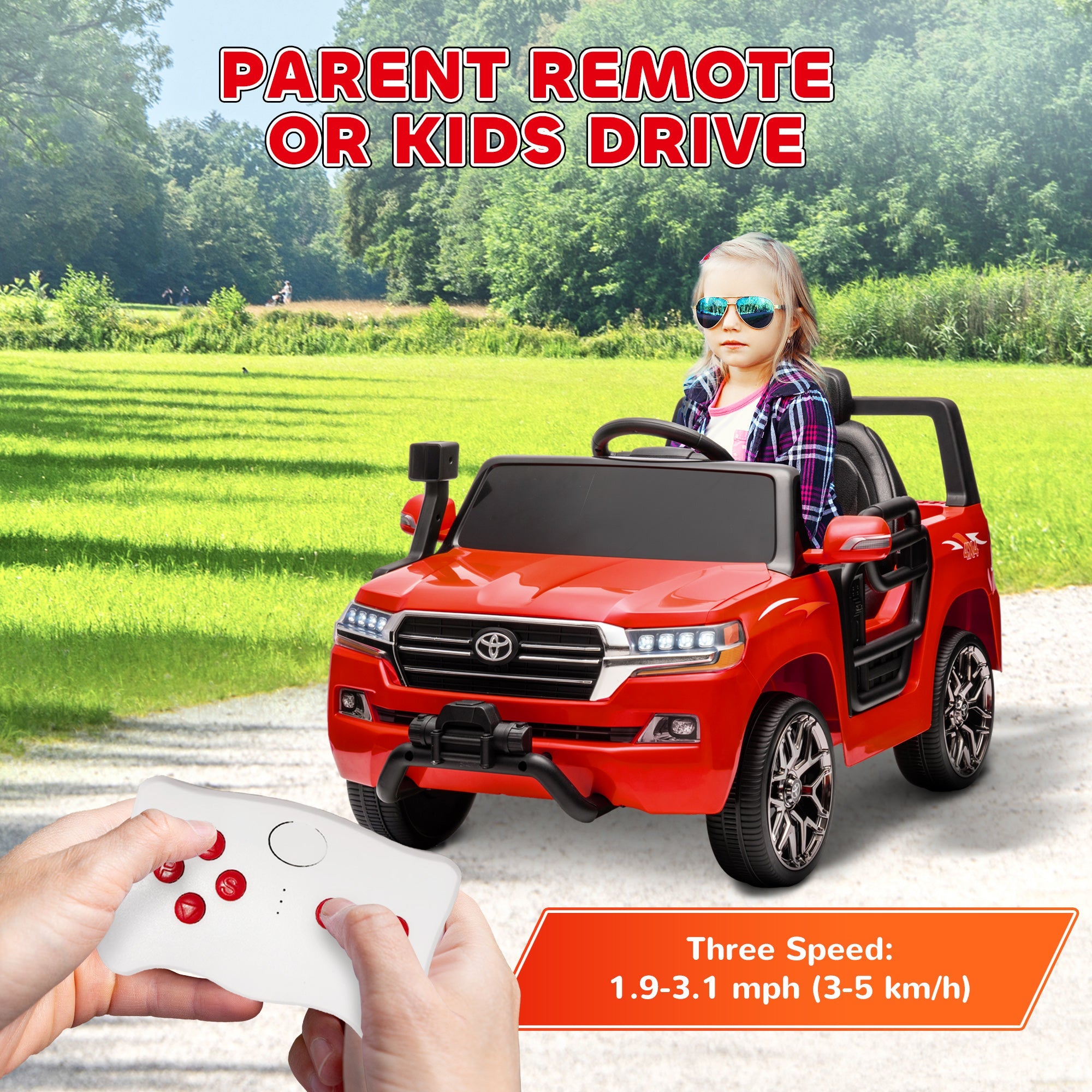 Qaba 12V Toyota LAND CRUISER Licensed Kids Car w/ Remote Control, Four Wheel Spring Suspension, Soft Start, LED Light, Red 