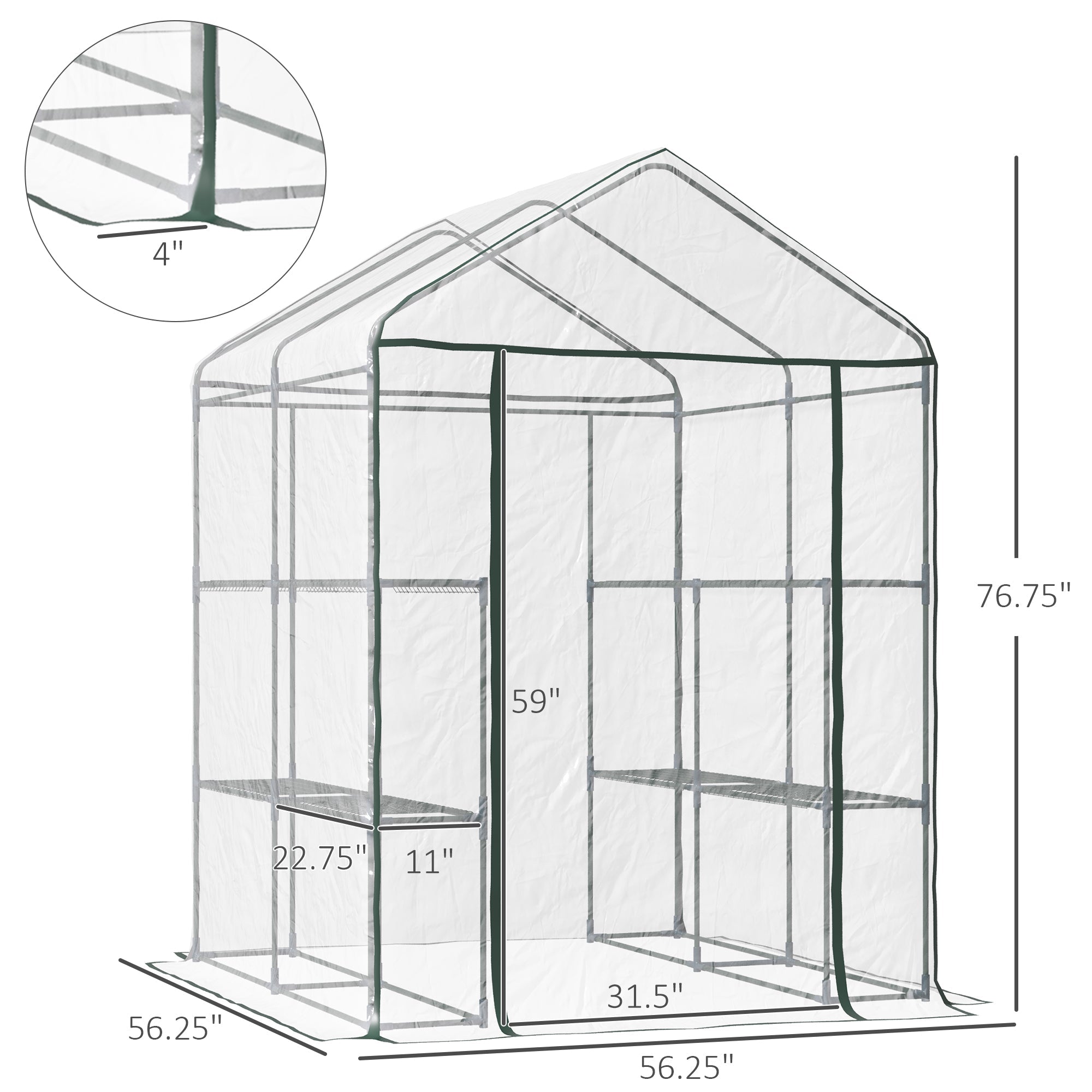 Outsunny 4.7'x4.7'x6.4' Walk-in Greenhouse Kit for Plants Portable Garden Green House Grow Tent Shelving Transparent PVC Cover 