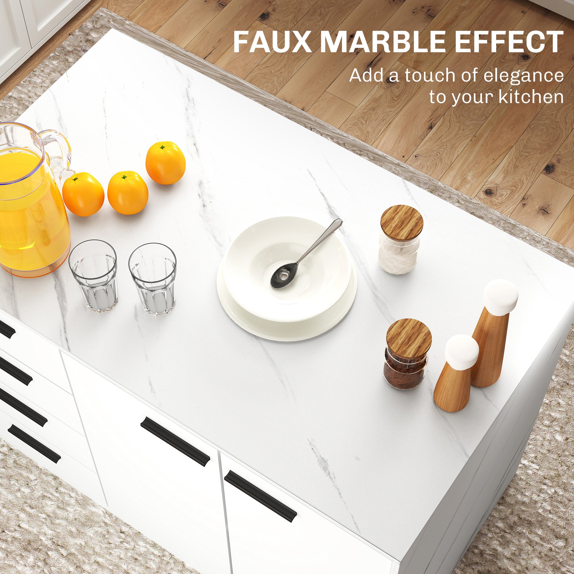 HOMCOM Kitchen Island with Storage Cabinet, 4 Drawers and Adjustable Shelf for Dining Room, Faux Marble Effect and White 
